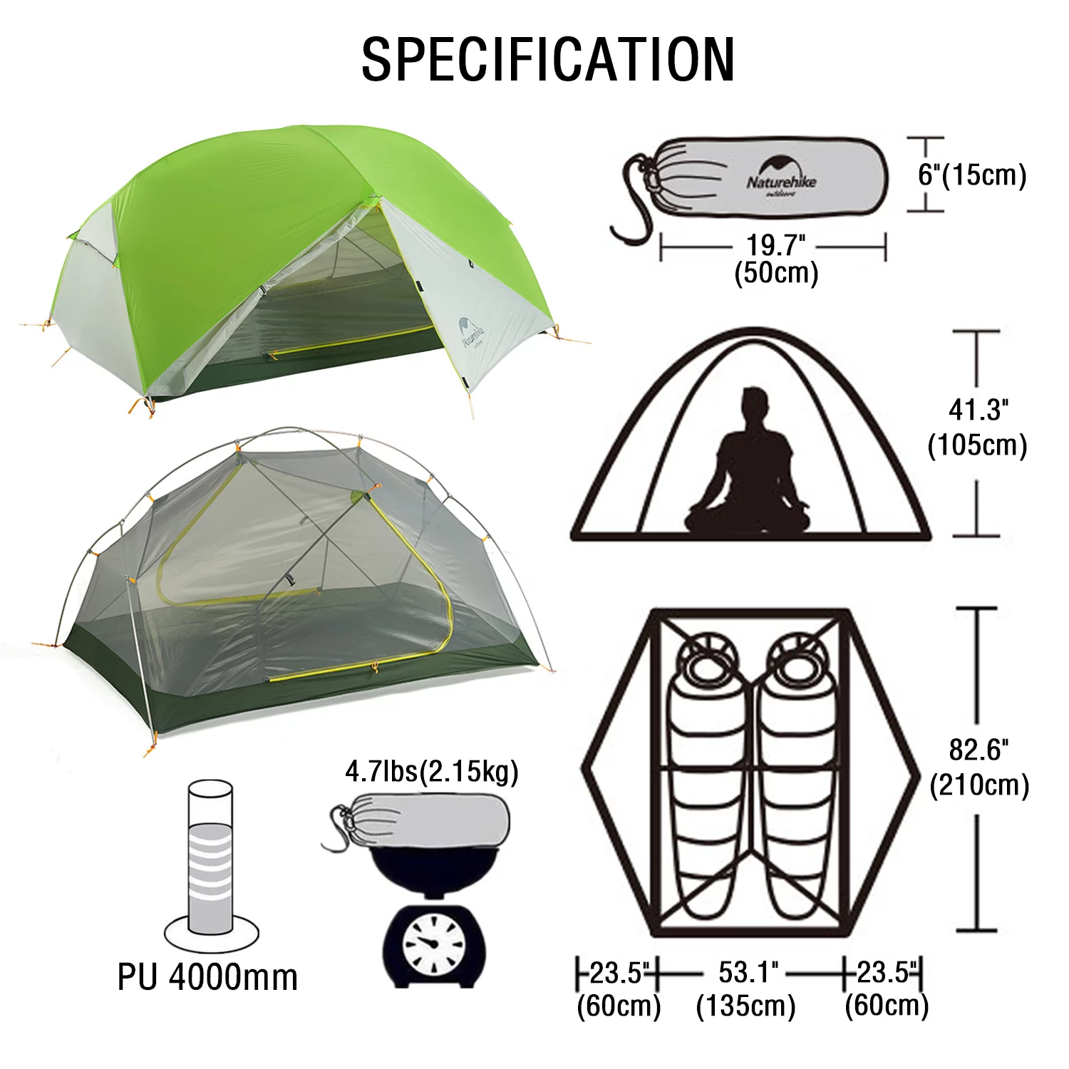 Naturehike Mongar Backpacking Camping Tent 2 Person Lightweight Waterproof with Footprint - Womvr