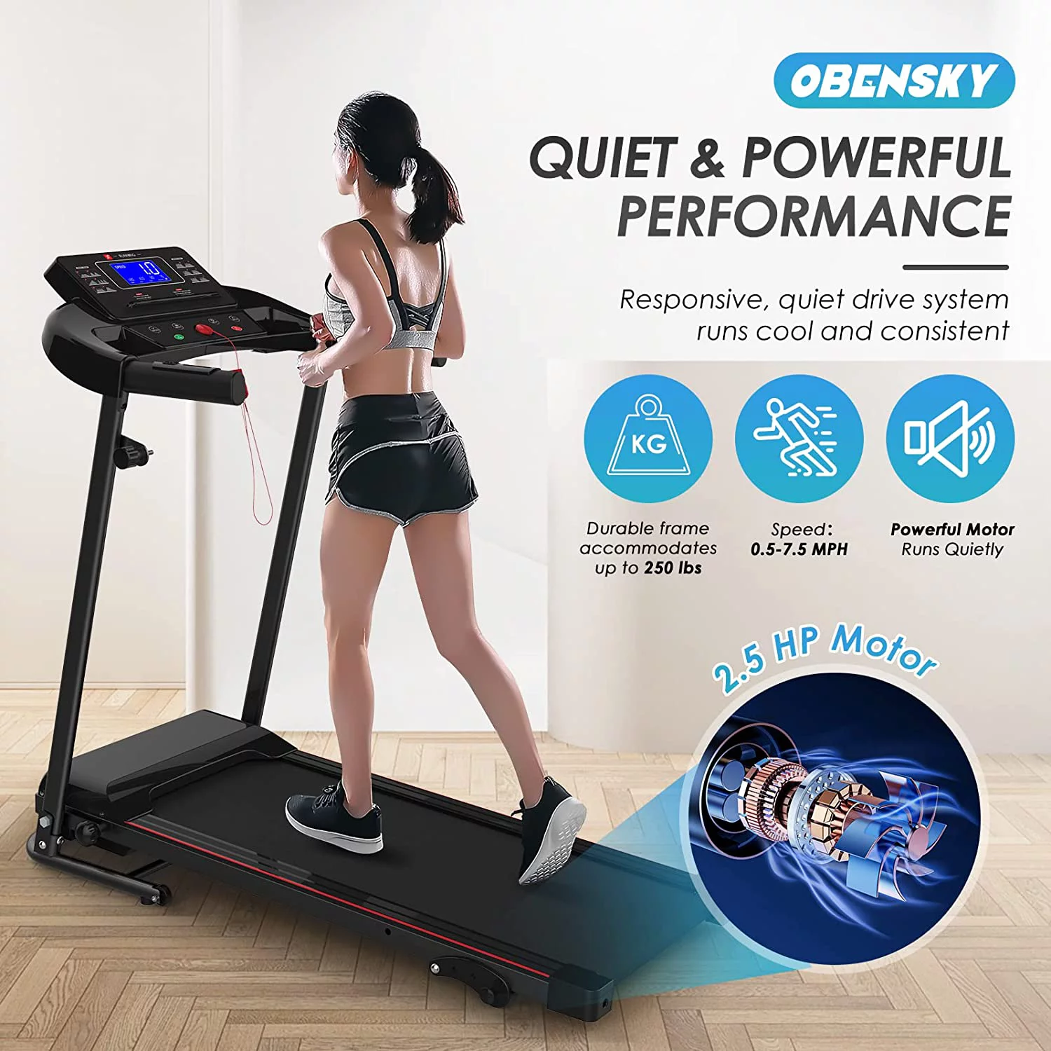 OEBNSKY Folding Incline Treadmill for Home with Smart LCD Display, 265lbs, 12 Programs 3 Modes, MP3 Music Speaker, 2.5HP Electric Foldable Treadmill Running Machine - Womvr