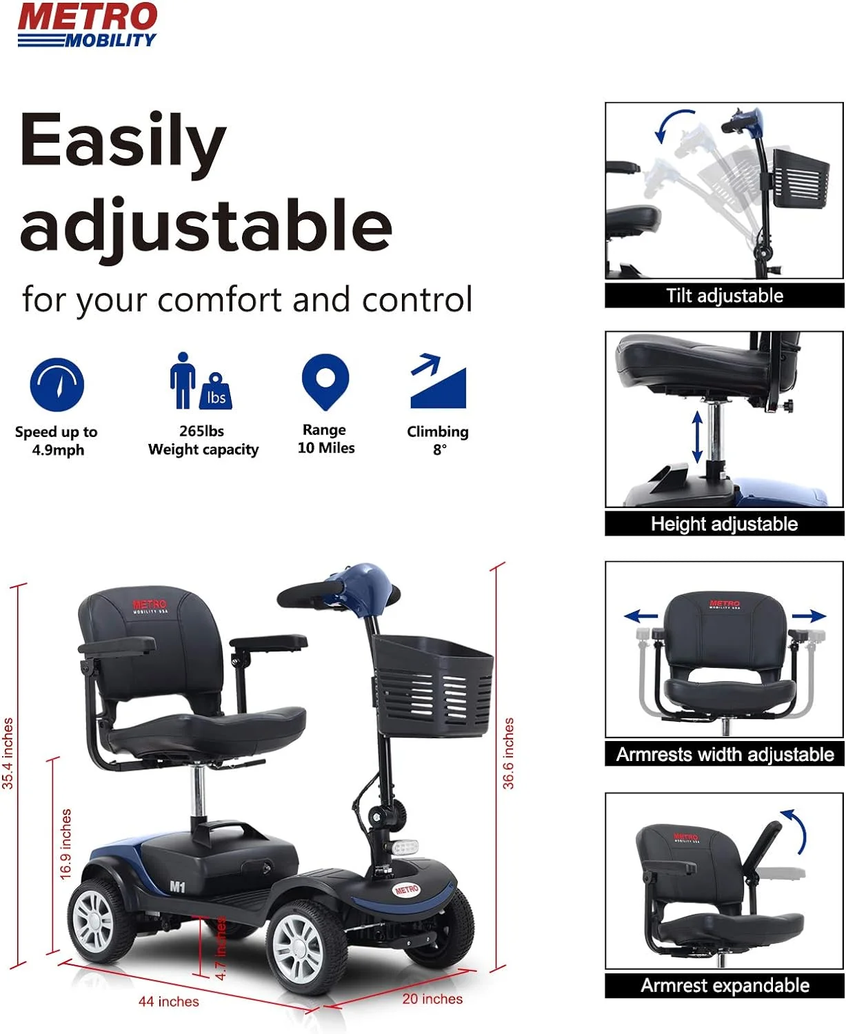 Outdoor Compact Mobility Scooter with Front & Back Light, Foldable Electric Powered Mobile Wheelchair for Seniors, Adults, Collapsible & Compact 4 Wheel Mobility Scooter for Travel with Family, Blue - Womvr