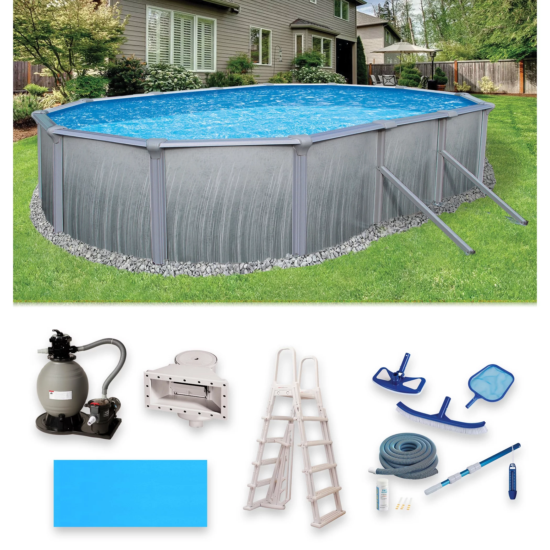 Blue Wave Martinique 12-ft x 24-ft Oval 52-in Deep 7-in Top Rail Metal Wall Swimming Pool Package - Womvr
