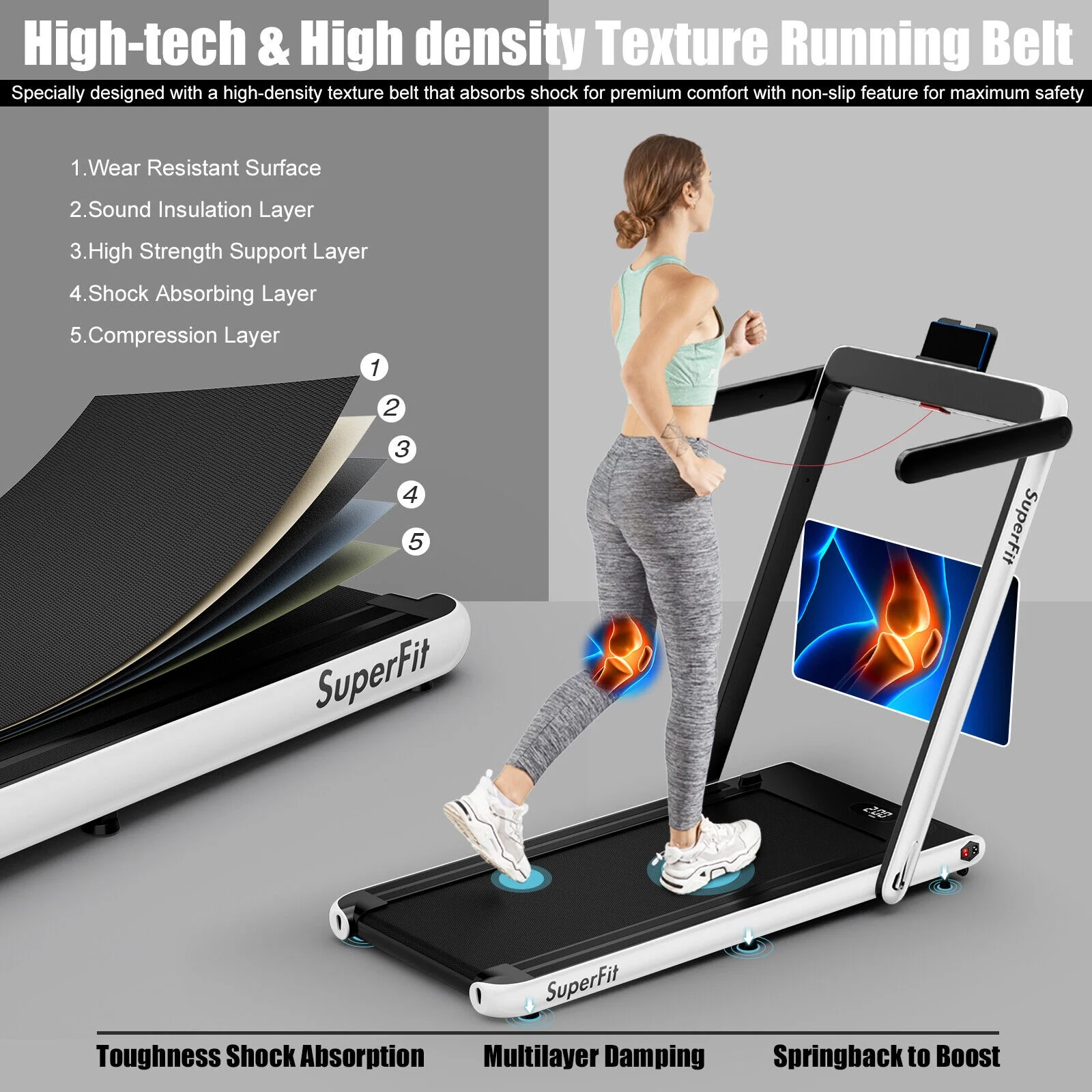 SuperFit Up To 7.5MPH 2.25HP 2 in 1 Single Display Screen Folding Treadmill Remote Control W/ APP Control Speaker Black - Womvr
