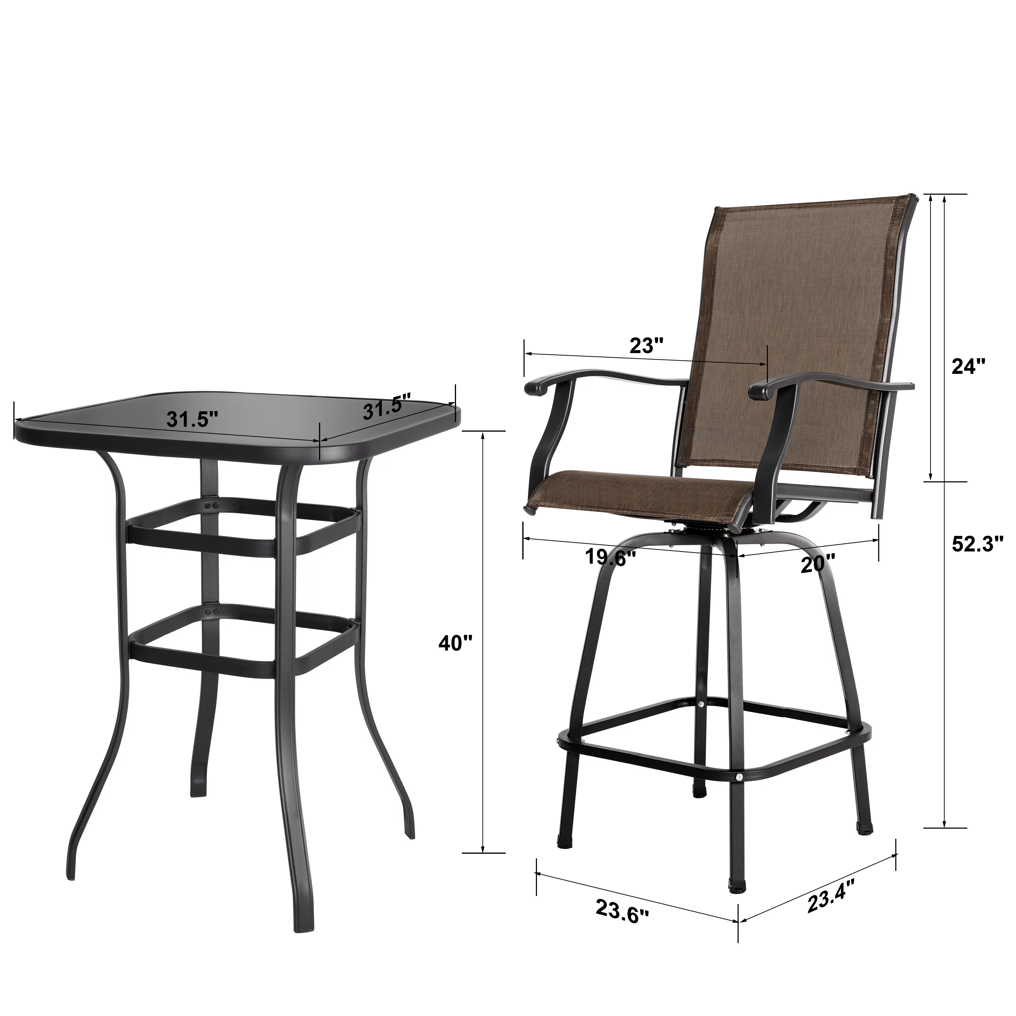 Nuu Garden 5 Piece Patio Bistro Set, High Bistro Sets with Tempered Glass Table, All-Weather Textilene Outdoor Bar Stools Set, Lawn, Backyard, Brown - Womvr