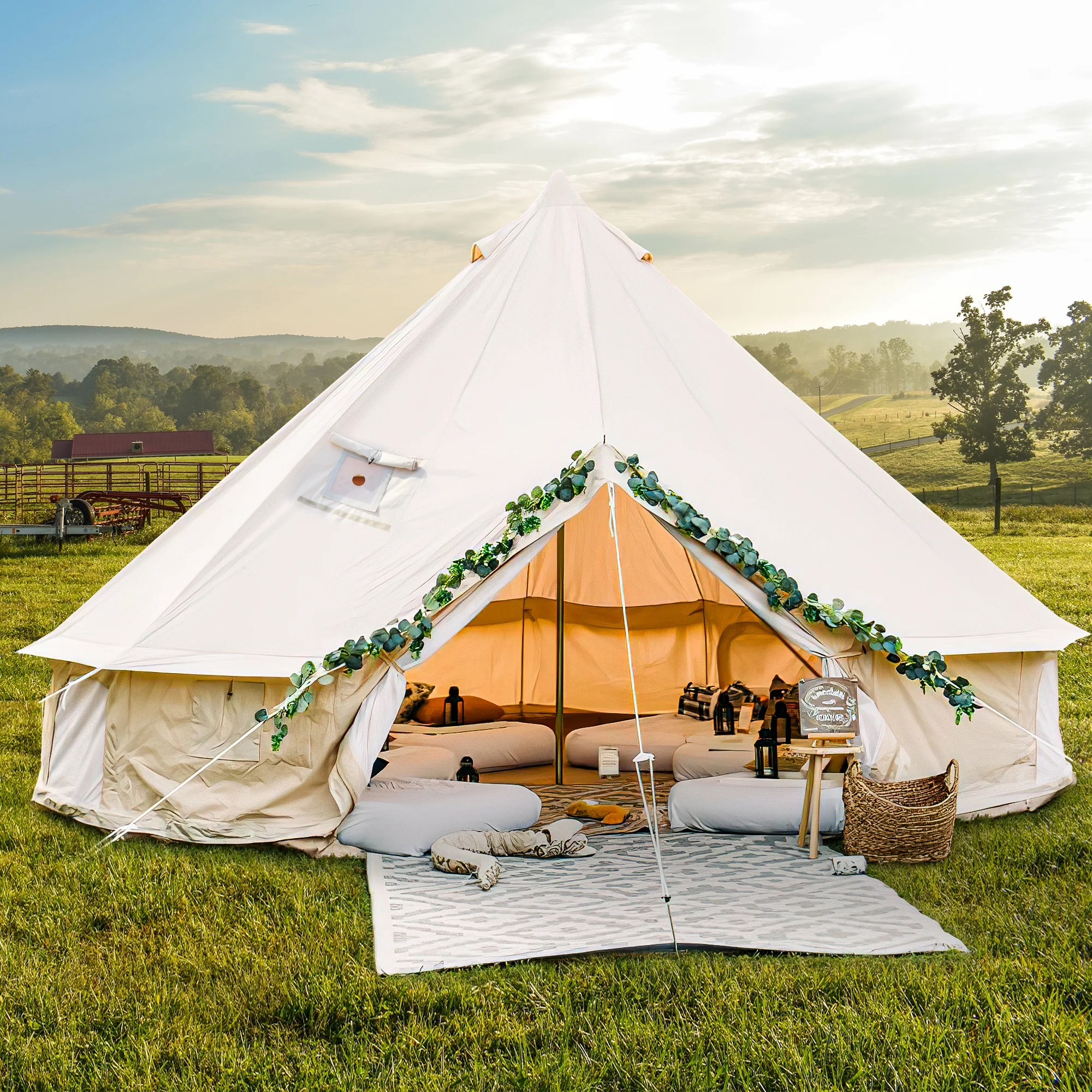 Dextrus Camping Tent 4 Seasons Glamping Bell Tent Waterproof with Stove Jacks & 4 Breathable Windows Cotton for Outdoor Family Party, Camping, Picnic, Barbecue - Womvr