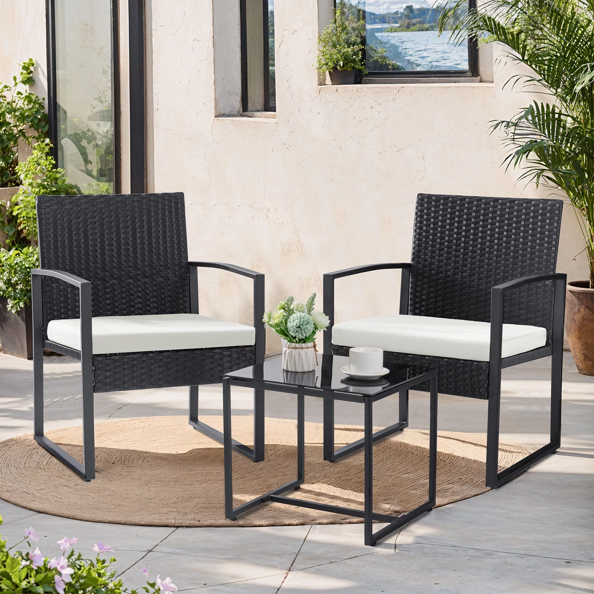 Homall Patio Furniture 3-Piece Set Casual Wicker Chair Bistro Chair with Coffee Table, Black - Womvr