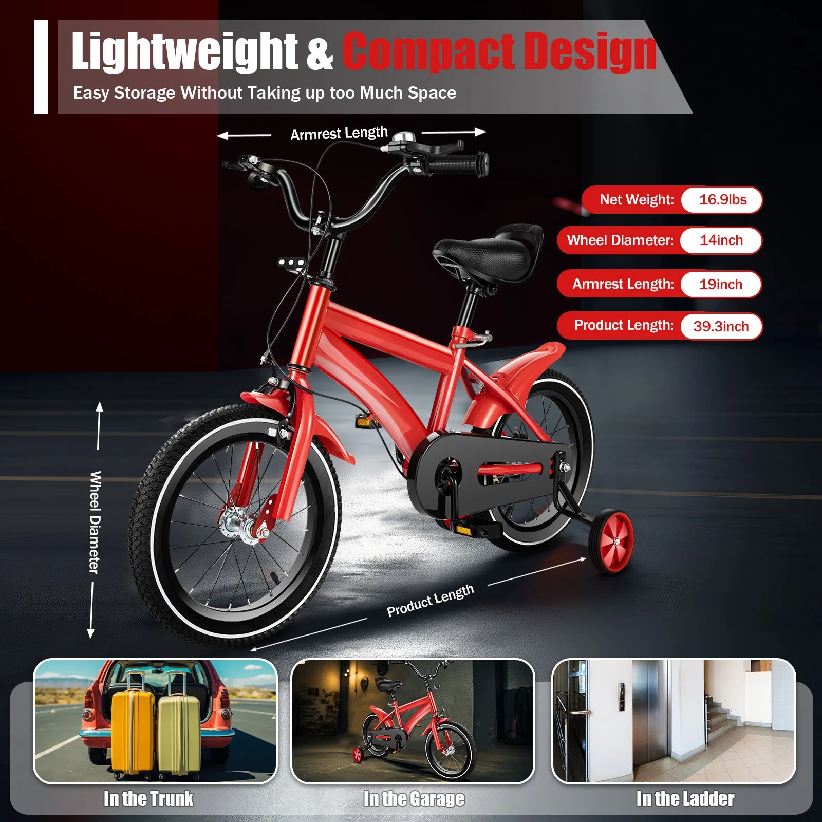 Aiqidi 14 Inch Kids Bike Boys Girls Safe Bicycle Adjustable Seat Height Children Bicycle with Training Wheels and Mudguards, Red - Womvr