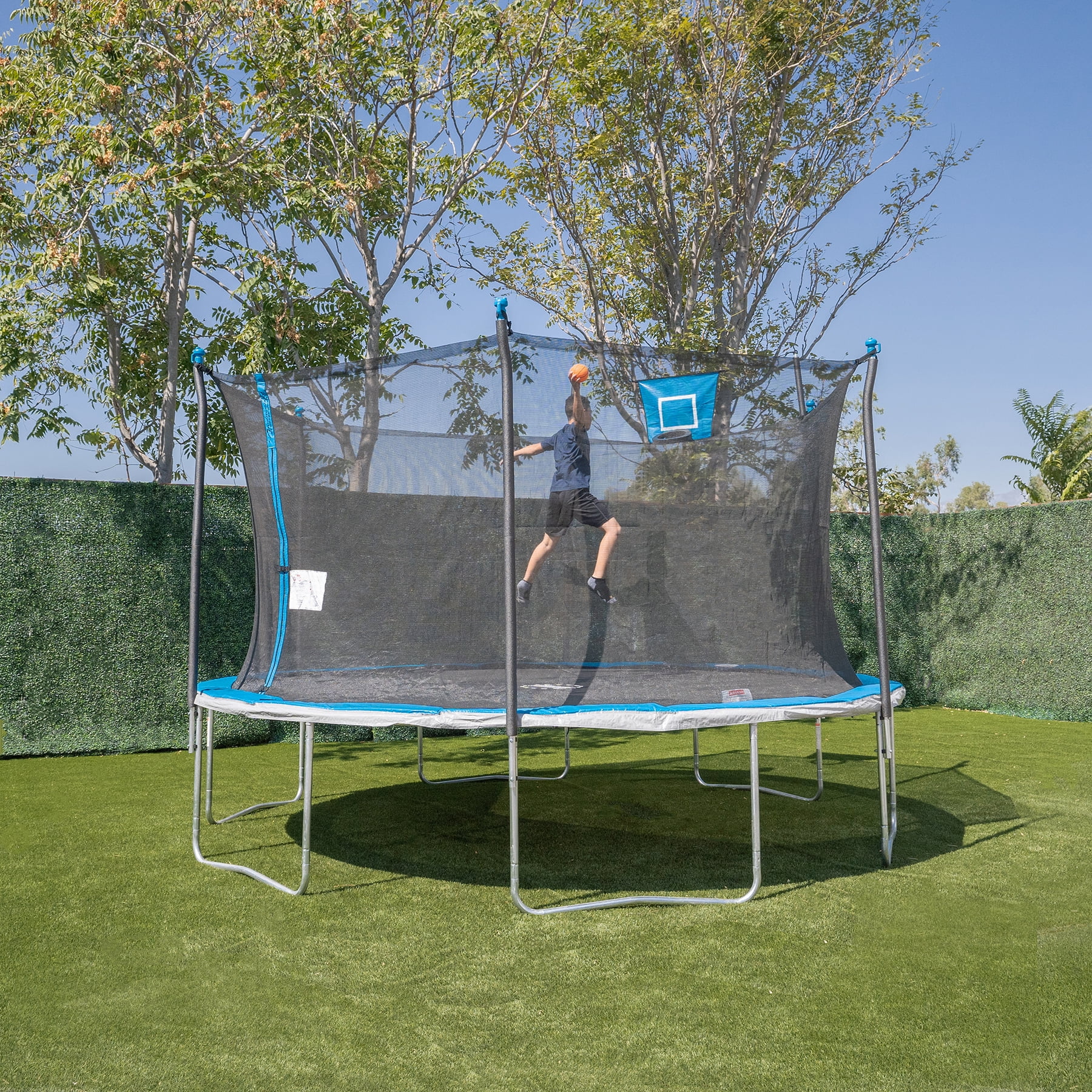 Bounce Pro 14ft Trampoline And Enclosure With Basketball Hoop, Blue - Womvr