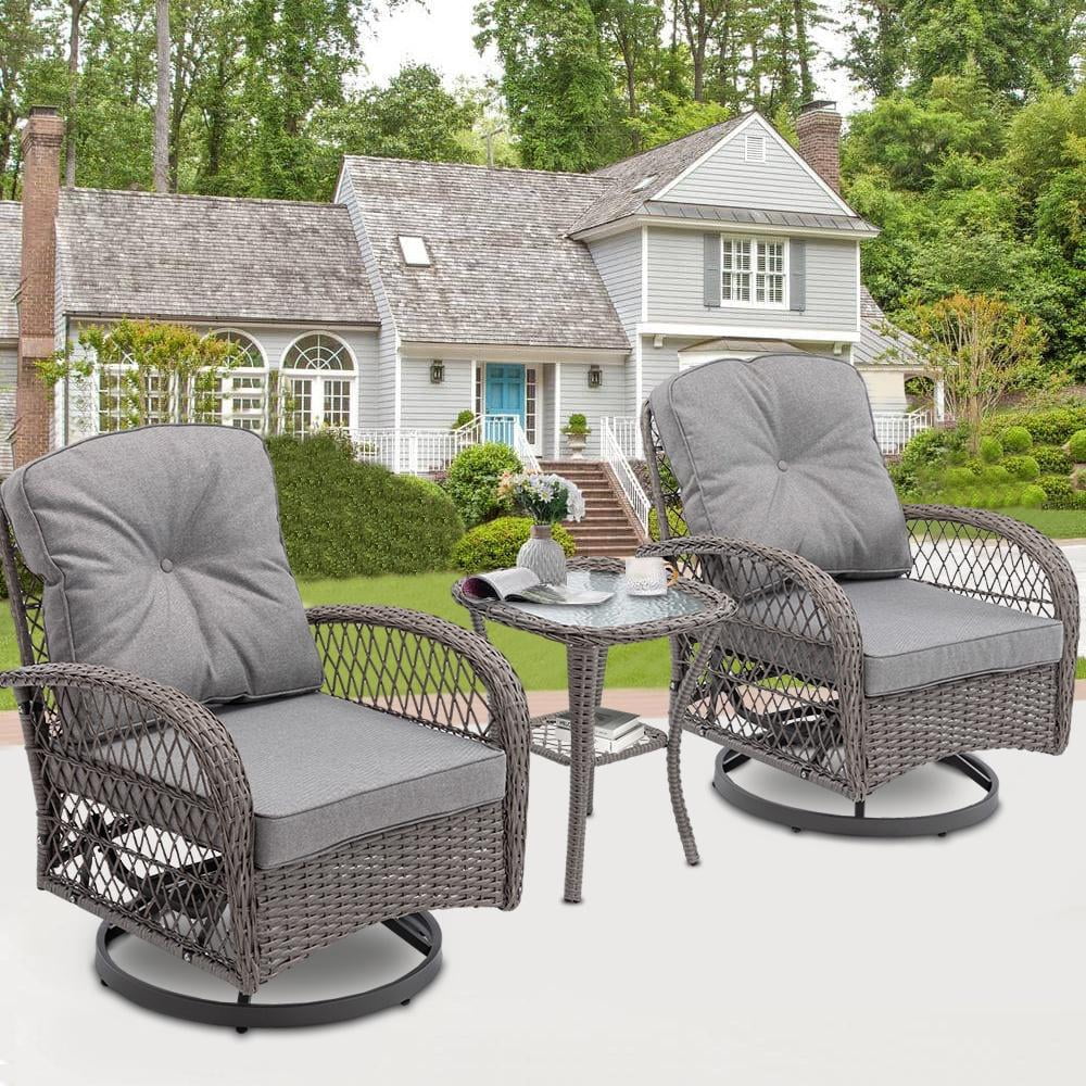 3 Piece Outdoor Bistro Swivel Chairs Set, Patio Bistro Set w/ 360° Swivel Rocking Chairs & Table, All-Weather Conversation Set with Metal Frame for Patio Backyard Porches or Garden - Khaki - Womvr