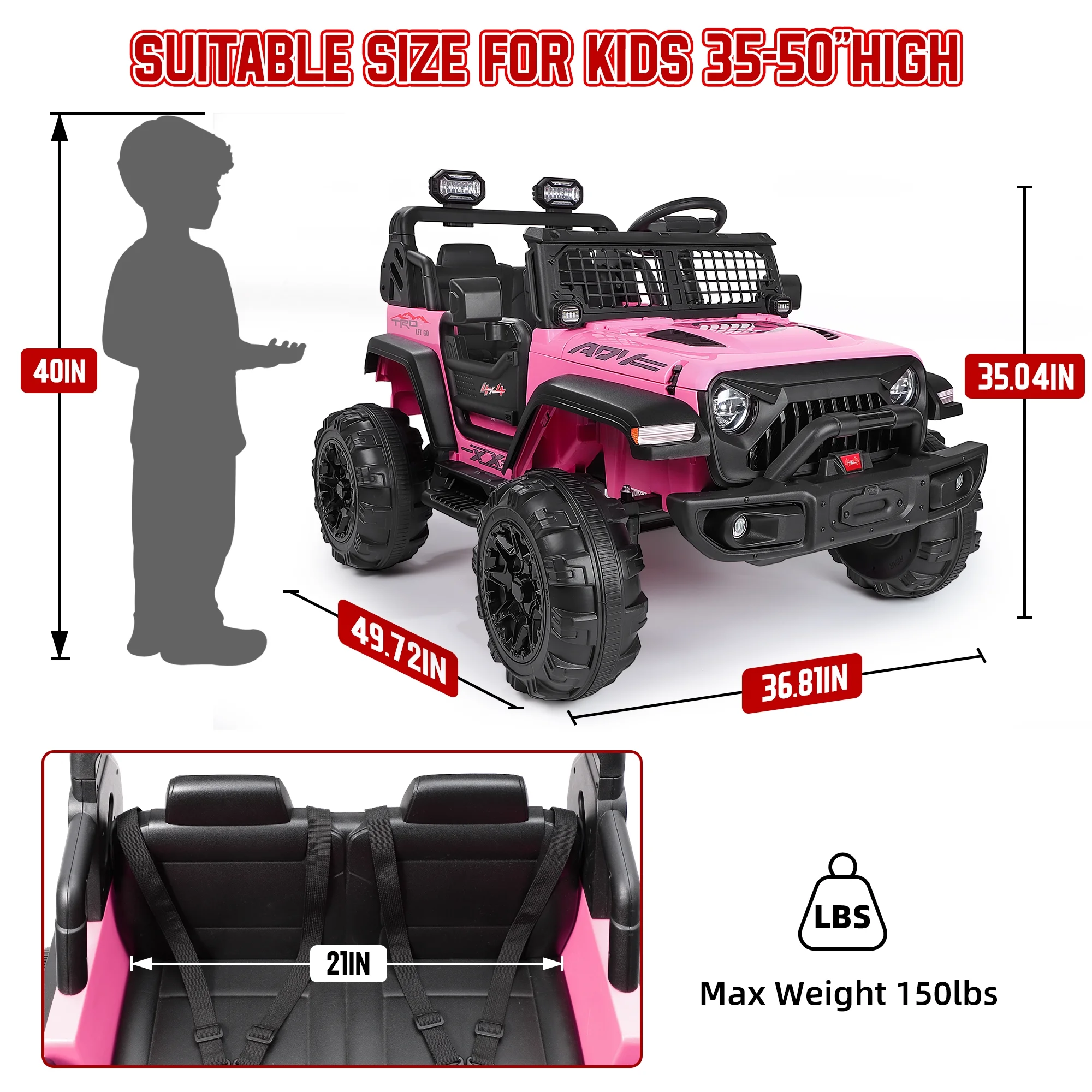 Wisairt 24V Kids Ride on Truck, 2 Seater Powered Ride on Car w/ Remote Control and Storage Space, 3 Speeds, Bluetooth, LED Lights (Black) - Womvr