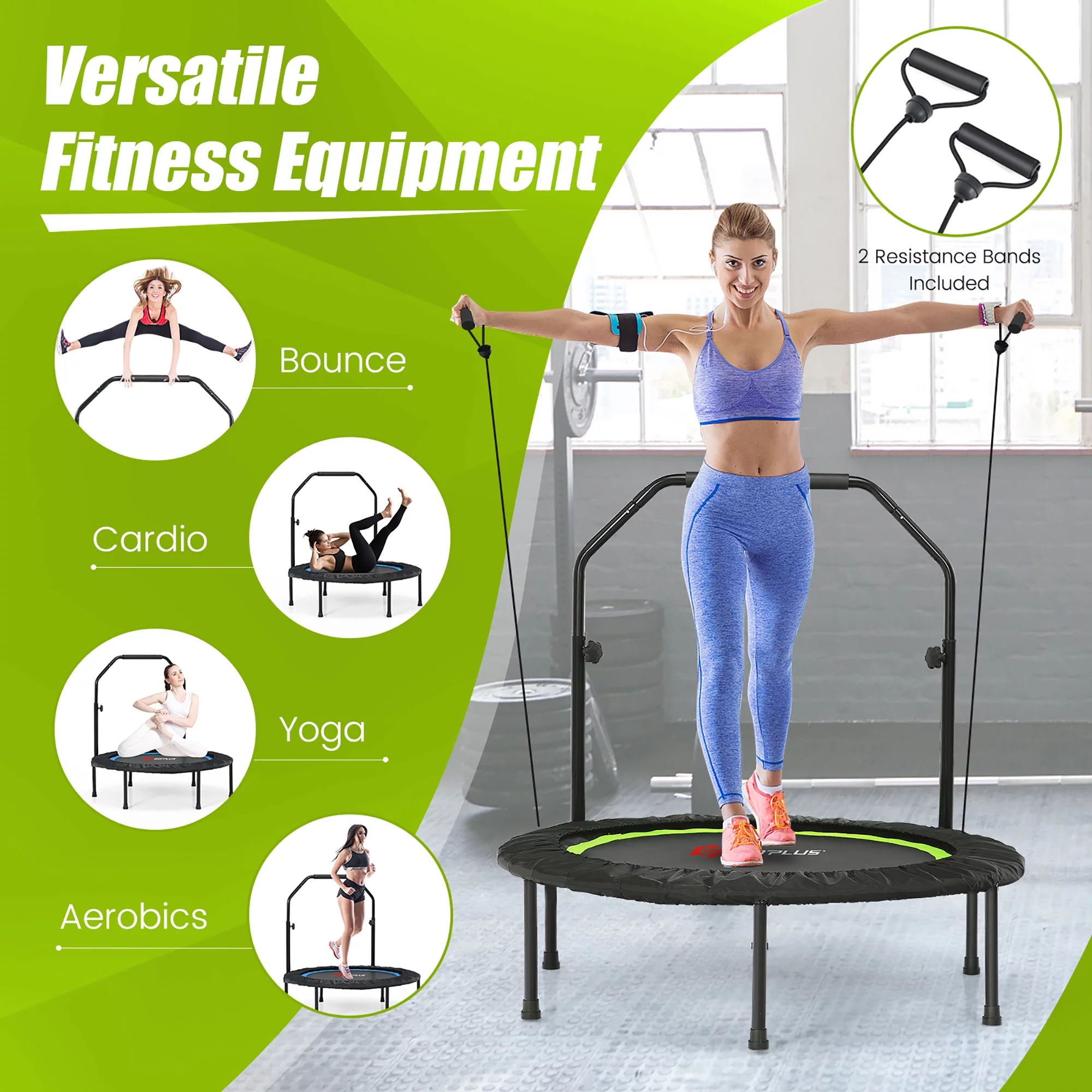 Costway 40'' Foldable Trampoline Fitness Rebounder with Resistance Bands Adjustable Home Green - Womvr