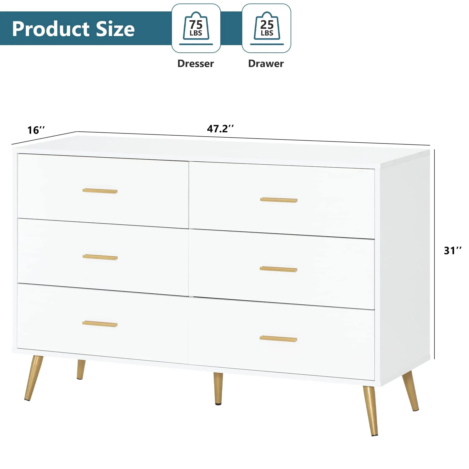 6 Drawer Dresser, Mid-Century Modern Chest Of Drawers, Double Dresser Storage Cabinet For Bedroom Living Room Hallway(White-6 Drawers) - Womvr