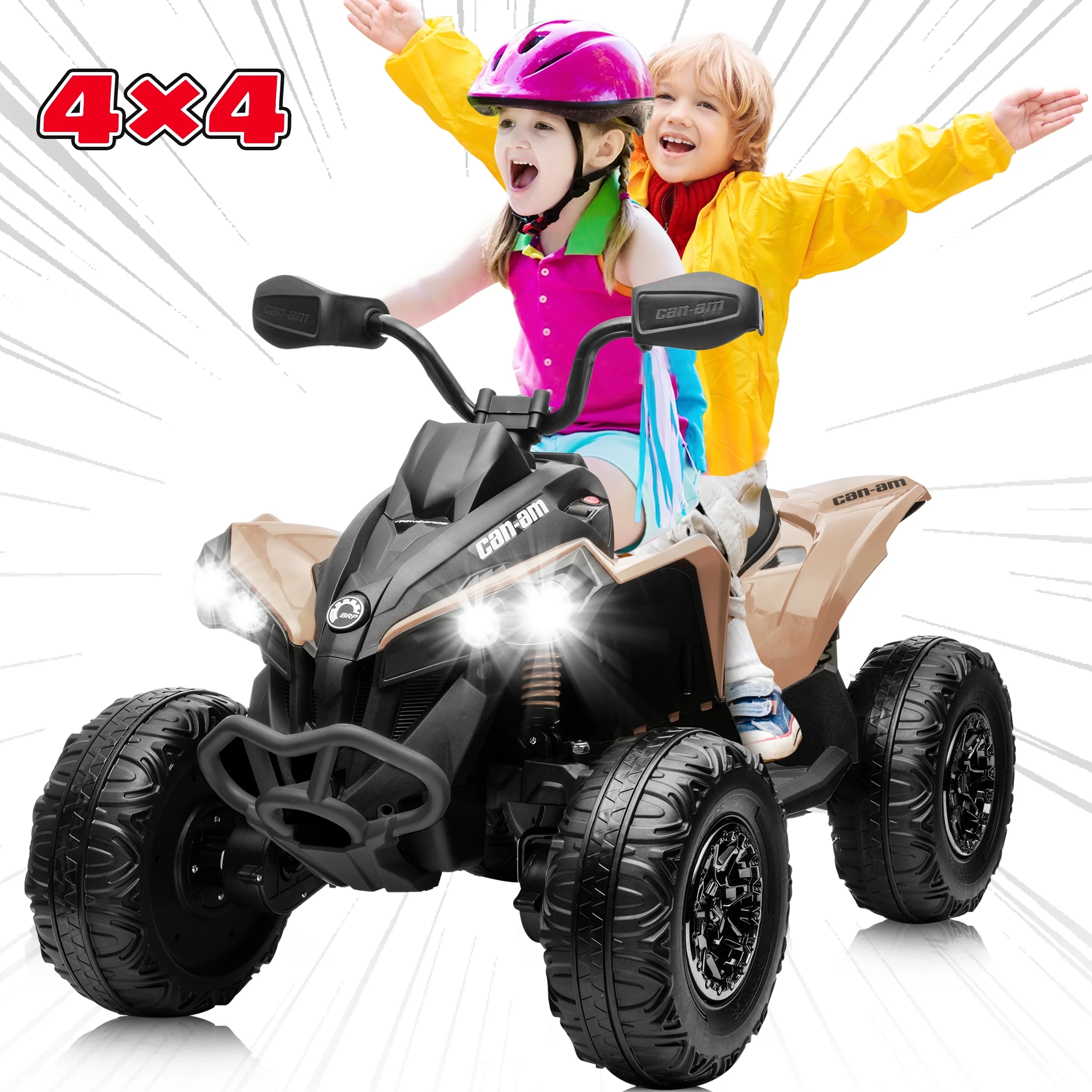 24V Ride on Toys, 4 Wheeler ATV for Kids with 2 Seater, 4x200W Motors, 4WD/2WD Switchable, Khaki - Womvr