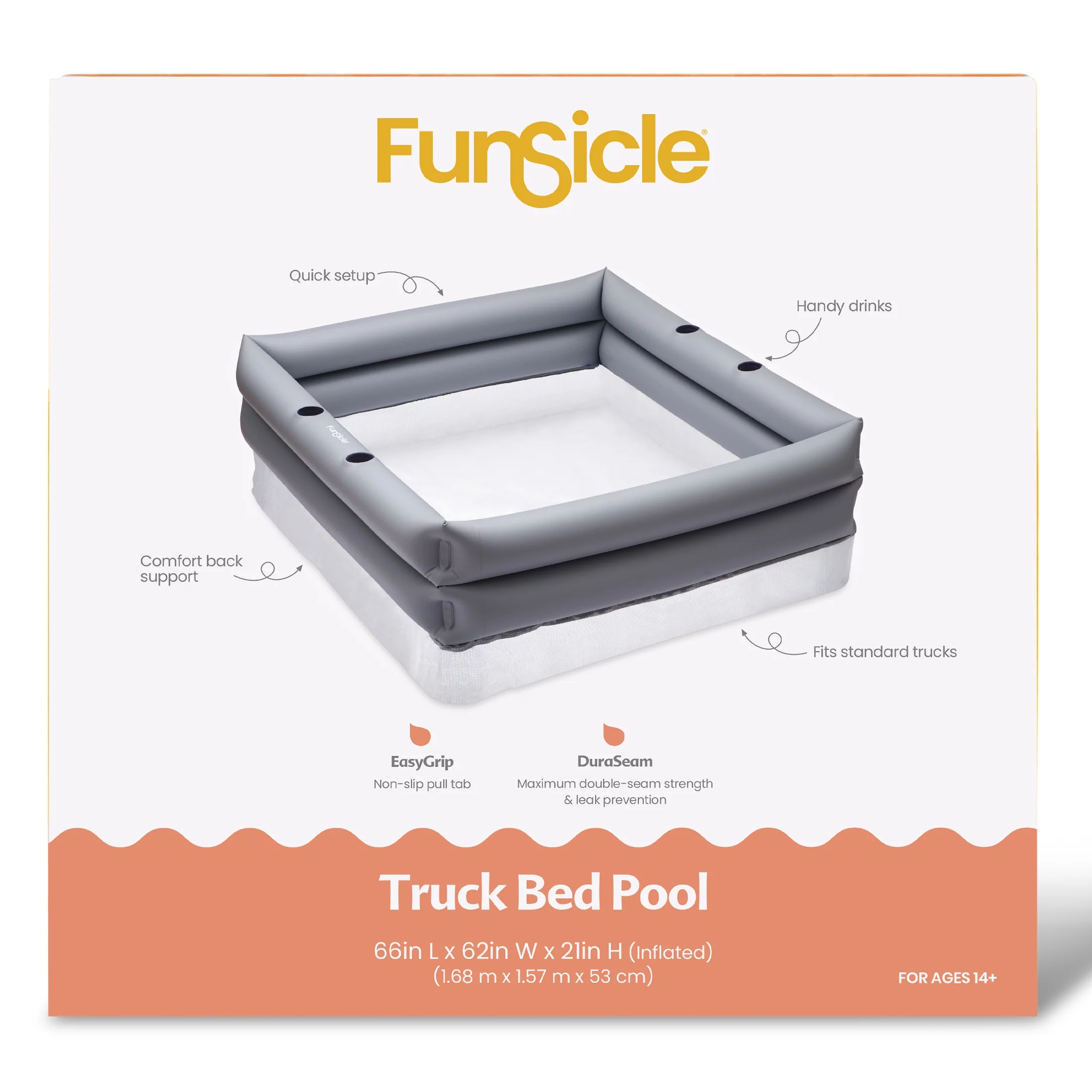 Funsicle Rectangular Truck Bed Inflatable Swimming Pool, Gray, Adults - Womvr