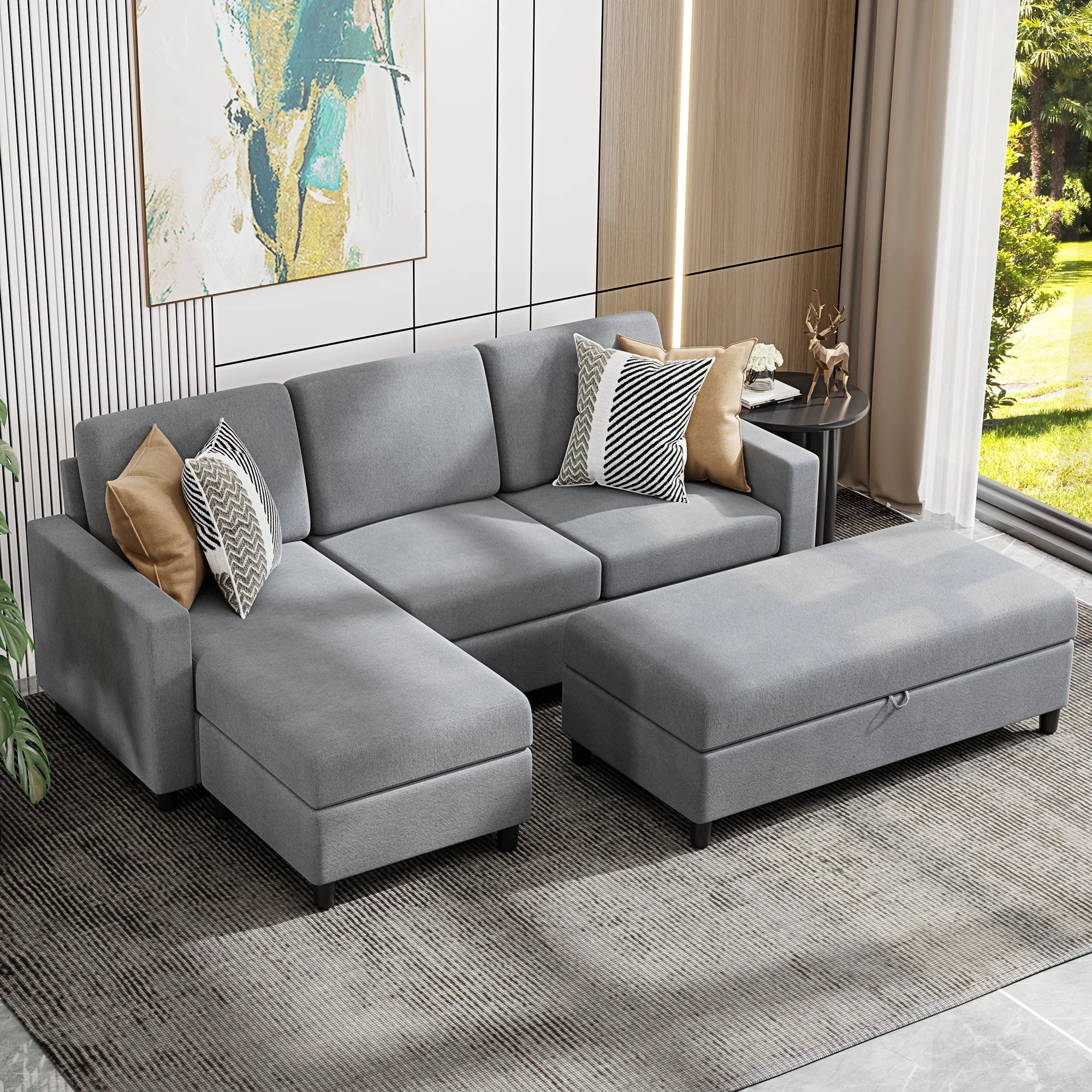 Walsunny Convertible Sectional L-Shaped Sofa with Modern Linen Fabric(Grayish Black) - Womvr