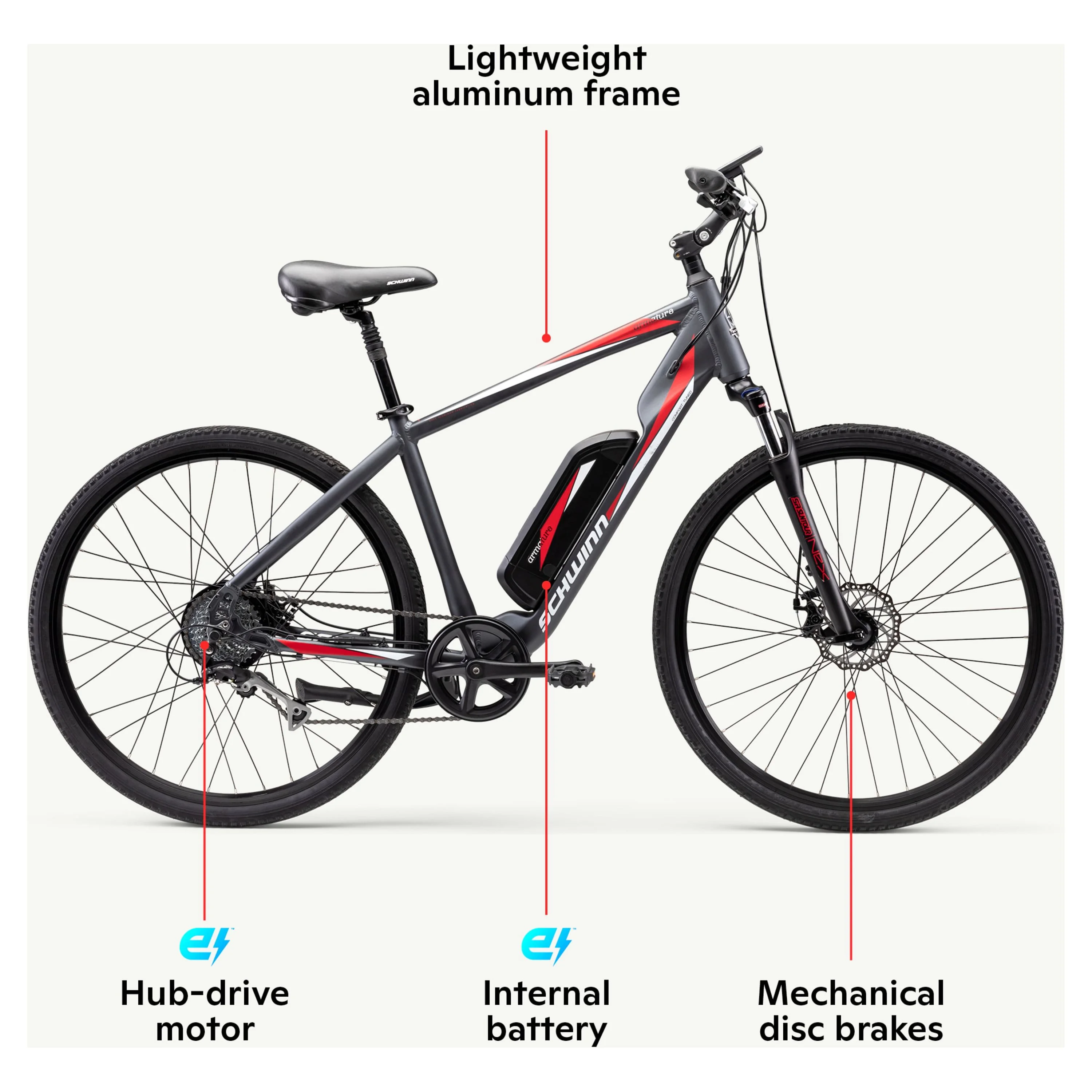 Schwinn 700c Armature Unisex Electric Bike, Black and Red Ebike for Adults, Large Frame - Womvr