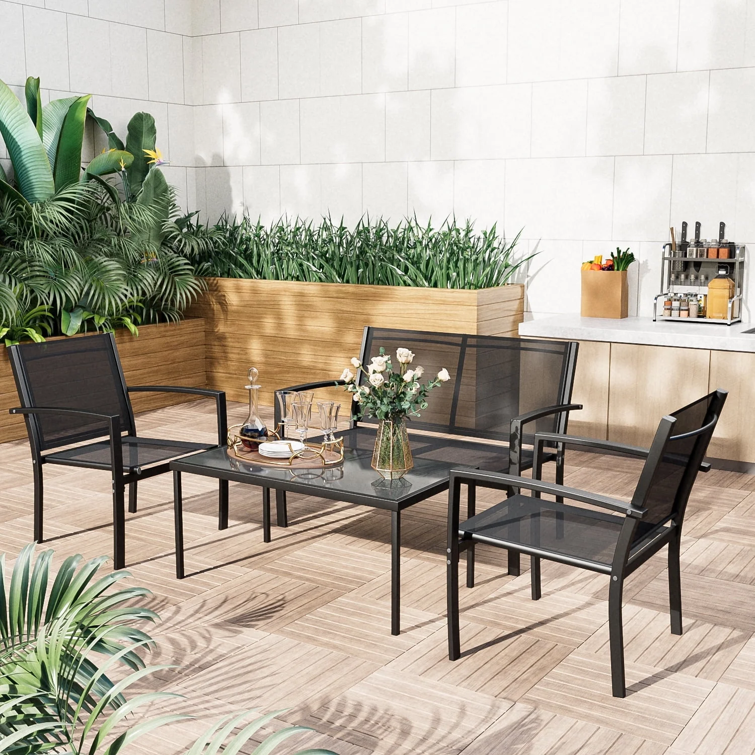 LACOO 4 Pieces Outdoor Furniture Set Patio Textilene Steel Conversation Set with Loveseat Tea Table for Lawn and Balcony, Black - Womvr