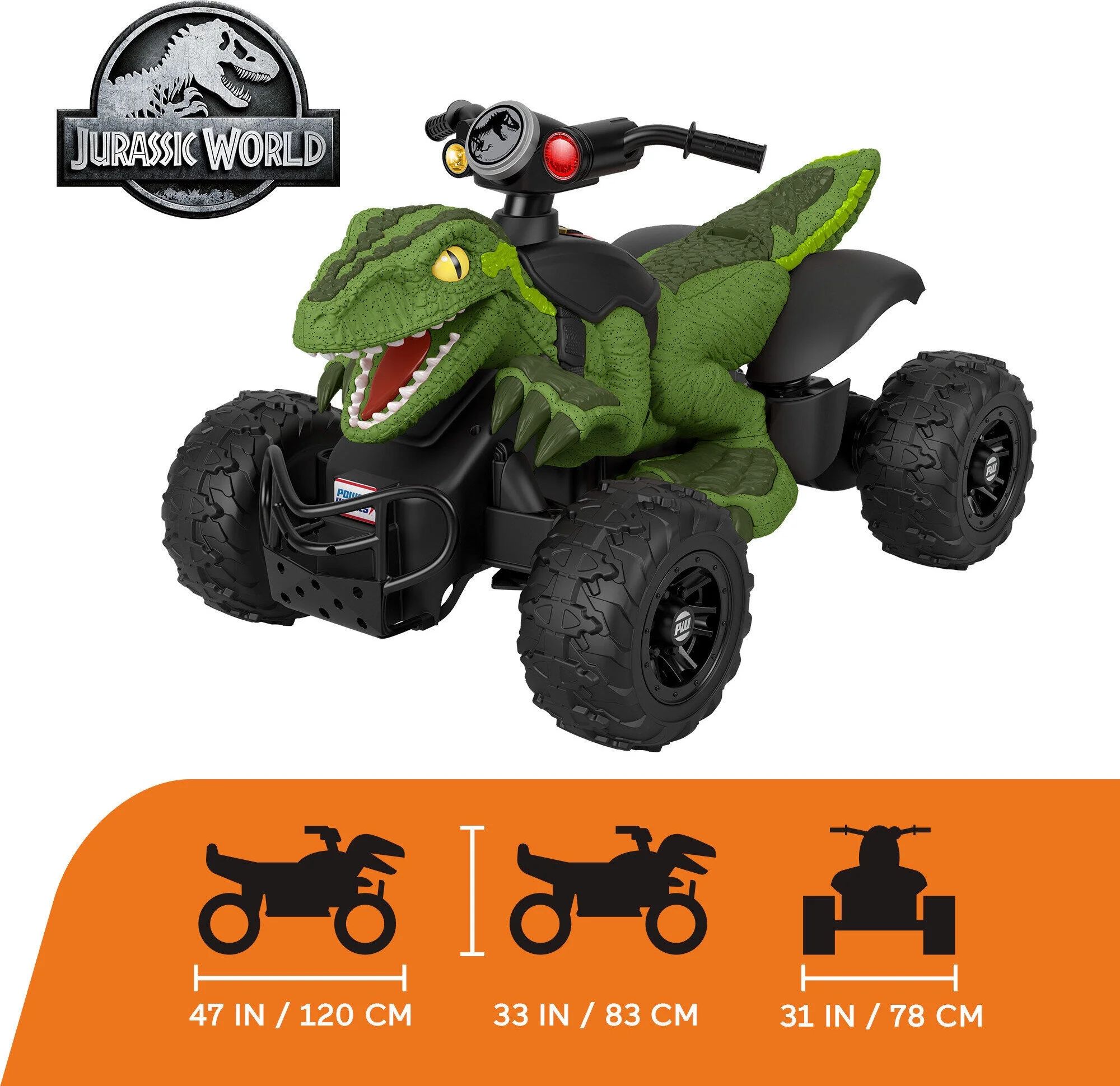 12V Power Wheels Jurassic World Dino Racer Battery-Powered Ride-On ATV Dinosaur Toy, Green - Womvr
