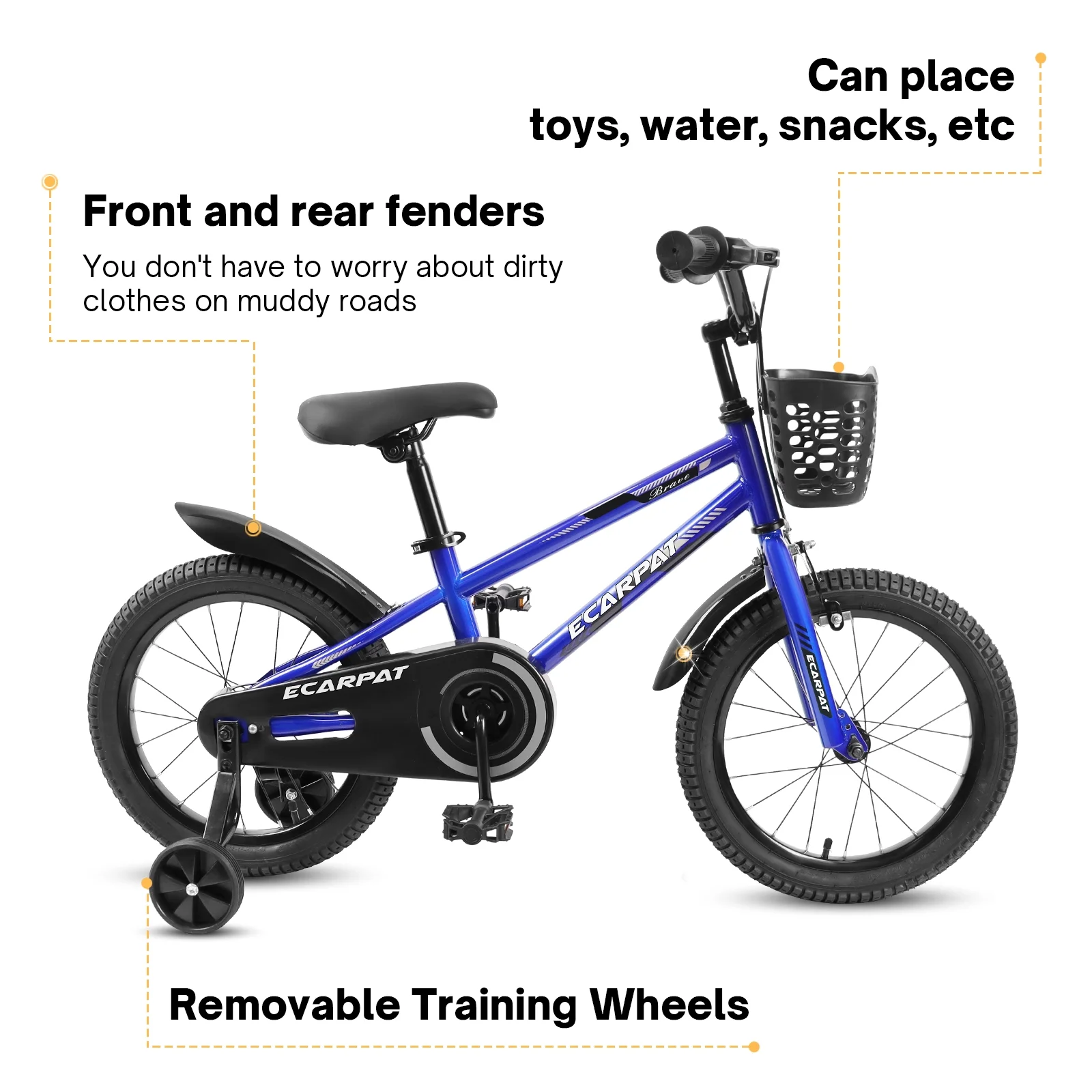 Kids' Bicycles 16 inch, Children Bike for Boys Girls Age 4-8 Years with Training Wheels, Basket and Fender- White - Womvr