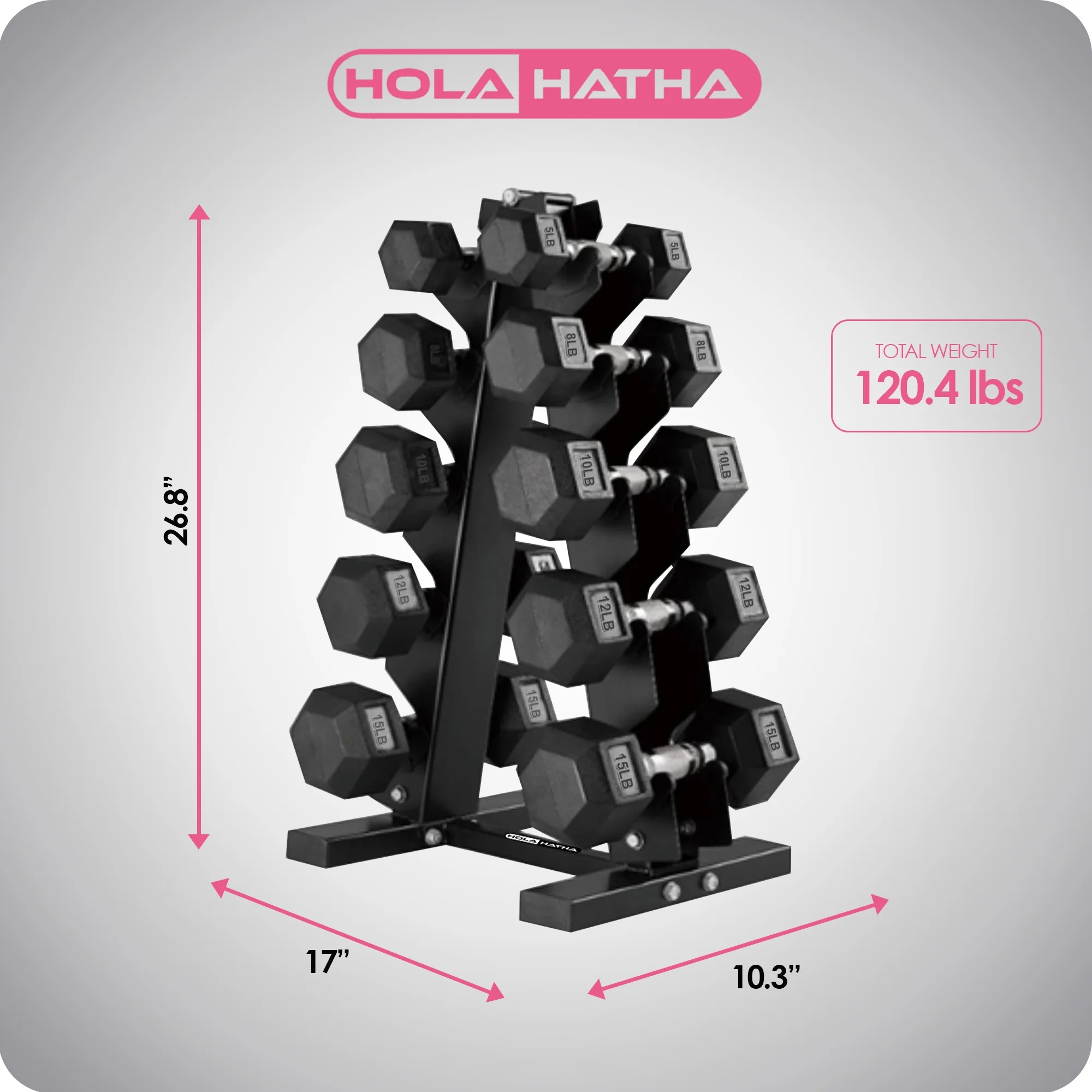 HolaHatha 5, 8, 10, 12 and 15 Pound Hexagonal Dumbbell Weight Set with Rack - Womvr