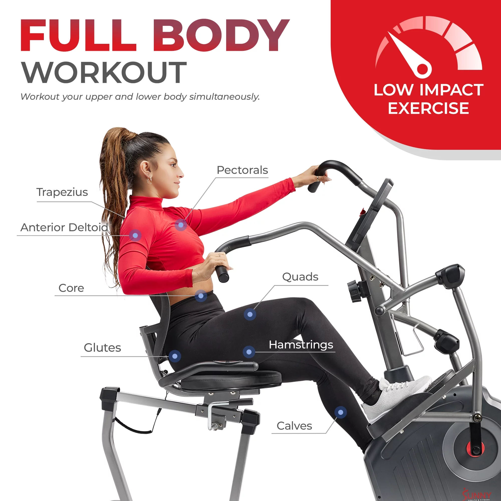 Sunny Health & Fitness Elite Connected Recumbent Cross Trainer Elliptical + Arm Exercisers SF-RBE420049 - Womvr