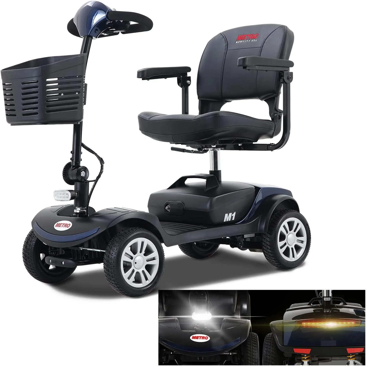 Outdoor Compact Mobility Scooter with Front & Back Light, Foldable Electric Powered Mobile Wheelchair for Seniors, Adults, Collapsible & Compact 4 Wheel Mobility Scooter for Travel with Family, Blue - Womvr