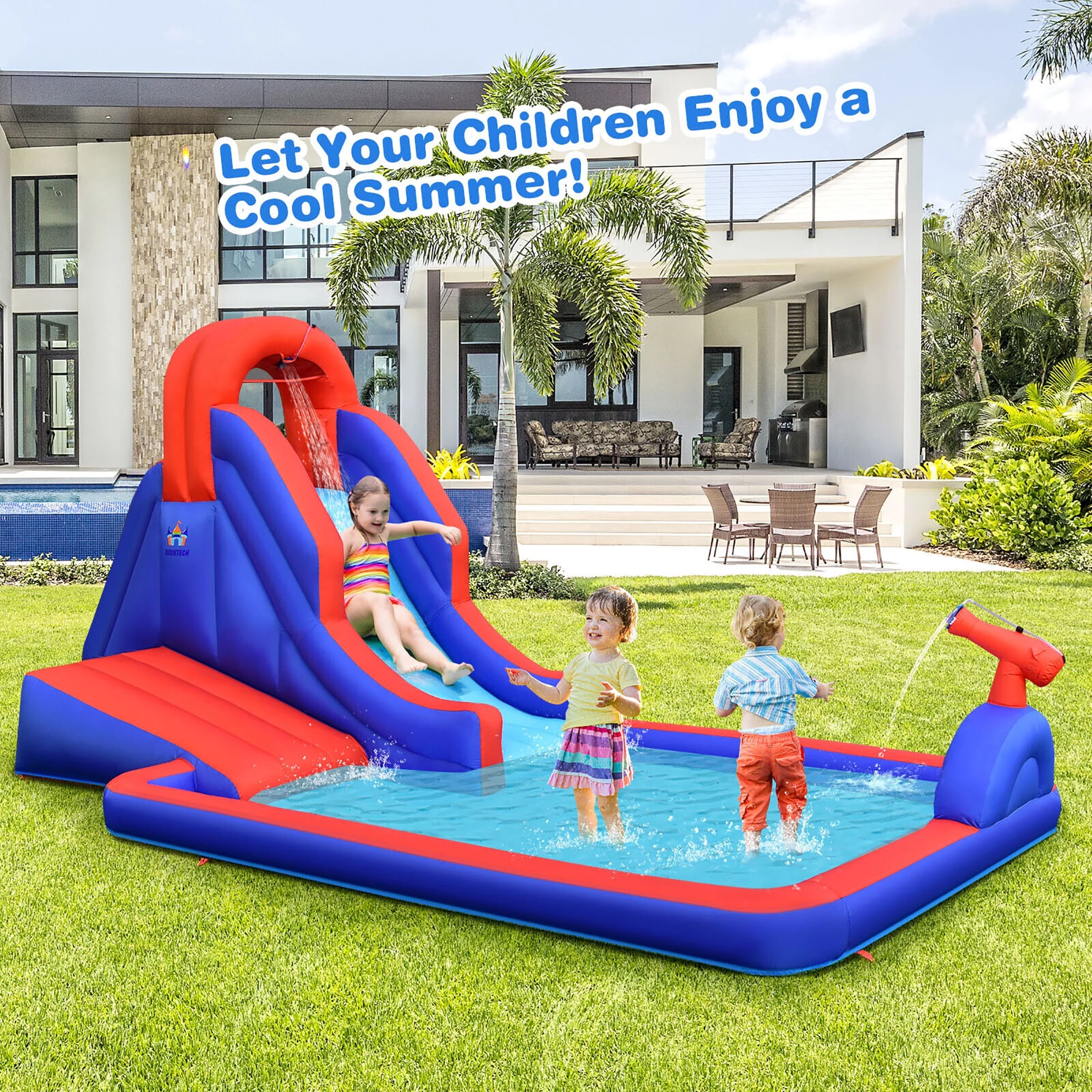 Gymax Inflatable Water Slide Park w/ Climb Slide Pool & 2 Swim Rings Blower Excluded - Womvr
