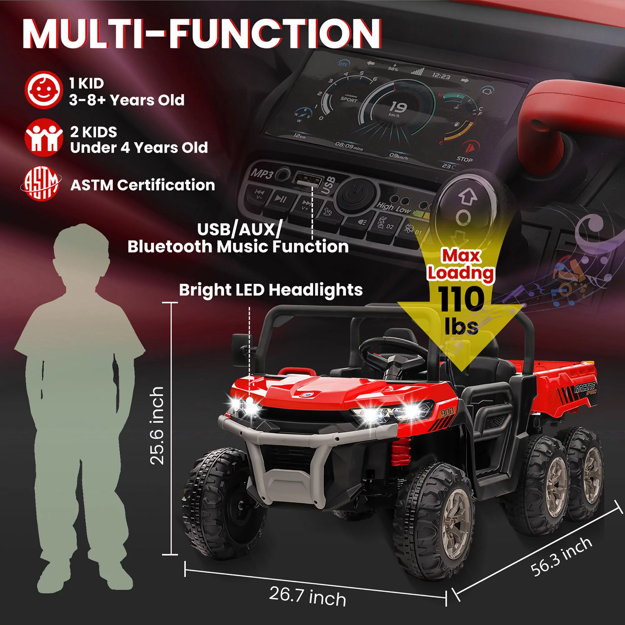 Joyracer 24V Ride on Toys, 2 Seater 6-Wheel UTV Car, 4WD Ride on Dump Truck for Big Kids with Trailer Remote Control, Black - Womvr