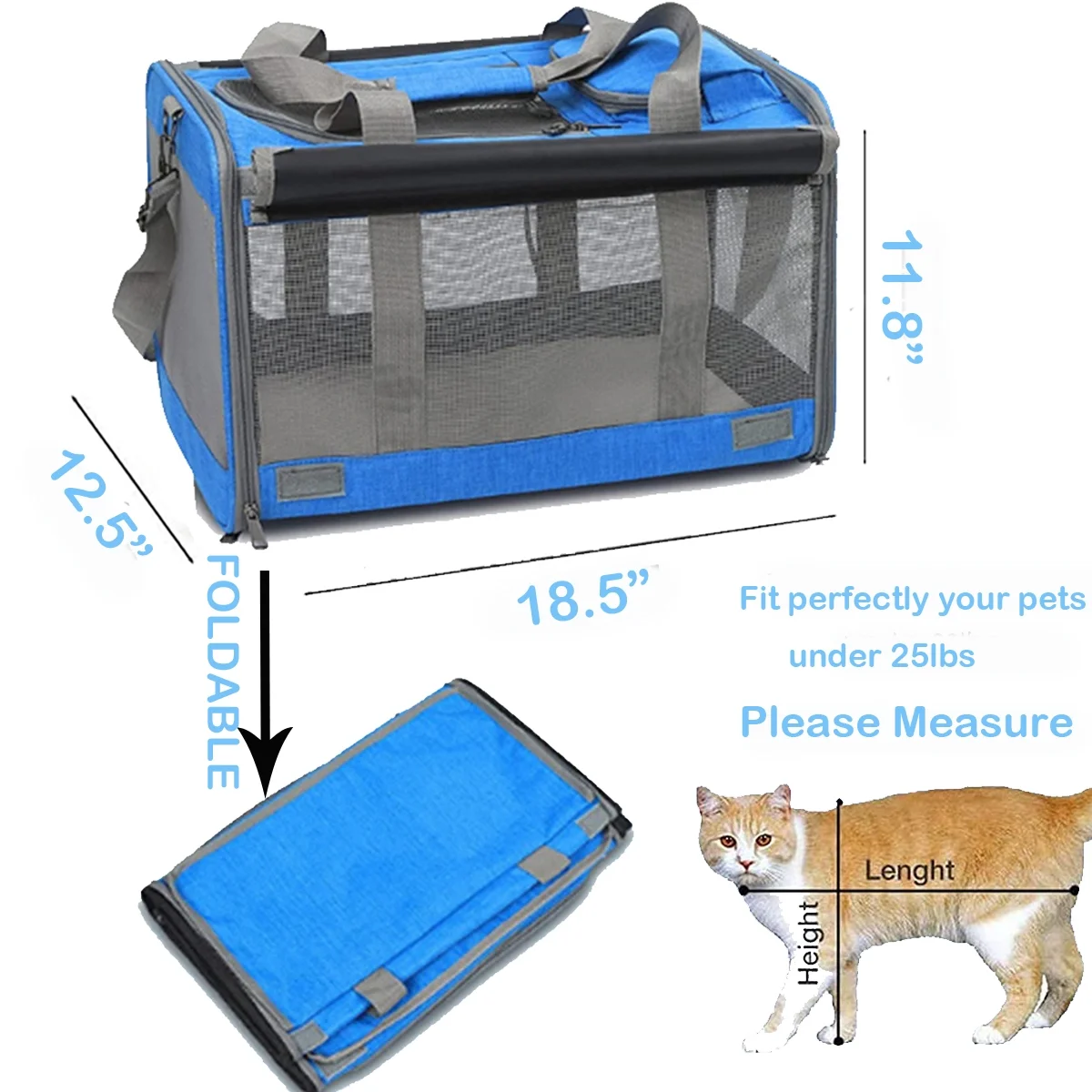 Cat Carrier, Soft Sided Cat Carriers for Large Small Medium Dogs Cats Under 25lbs, Foldable Pet Travel Carrier with a Bowl/Washable Pad, TSA Airline Approved, Blue - Womvr