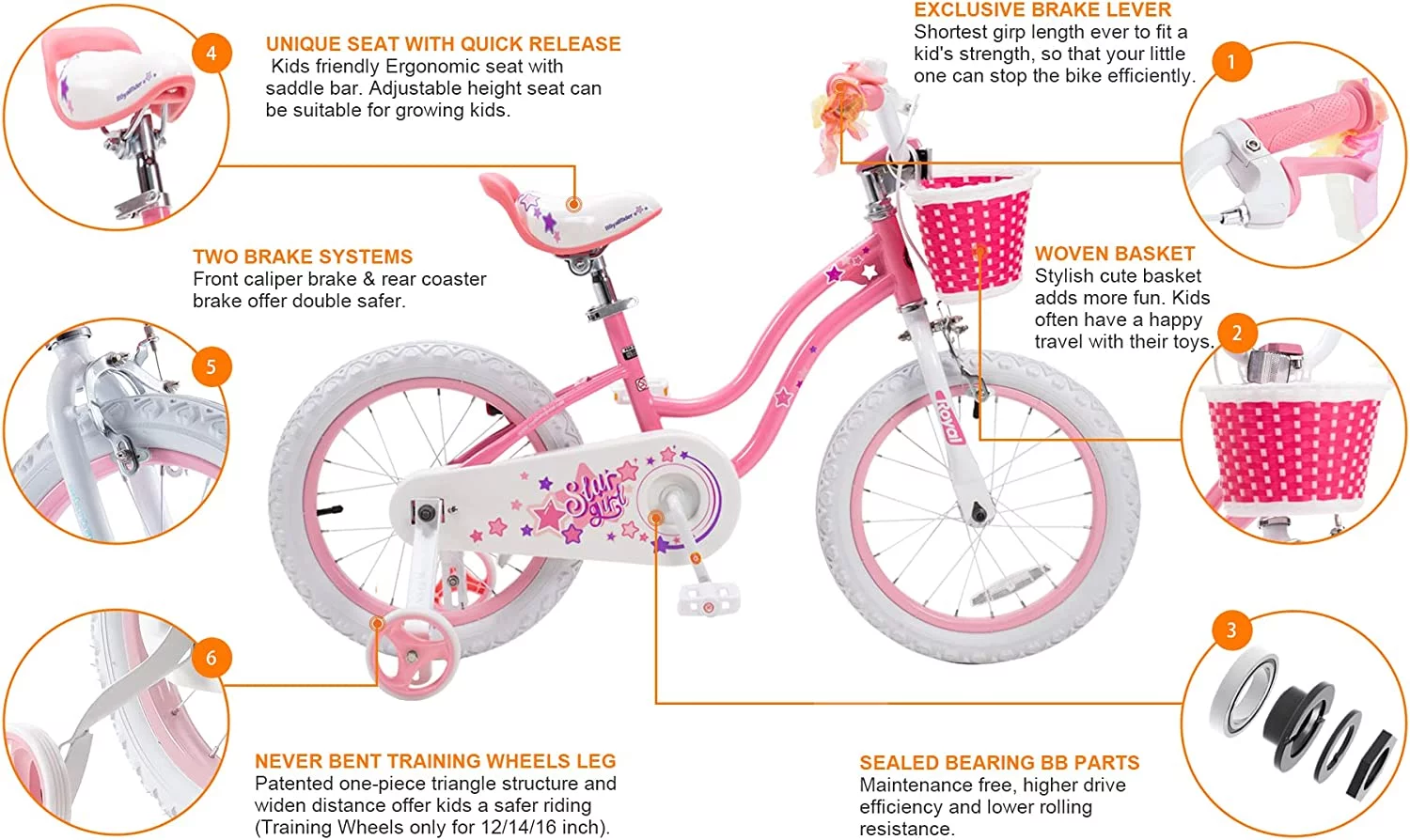 Royalbaby Girls Kids Bike Star girl 14 In Bicycle Basket Training Wheels Blue Child's Cycle - Womvr