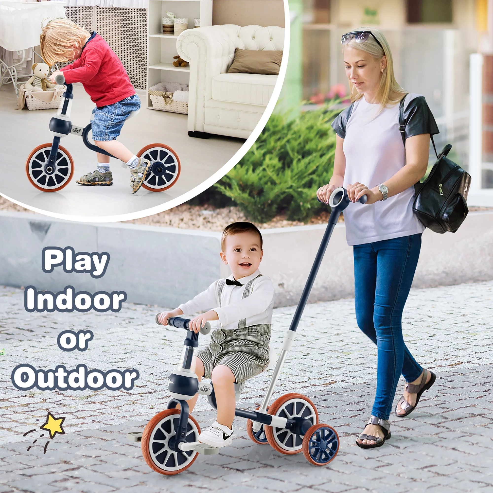 Costway 4 in 1 Kids Tricycles with  Push Handle & Training Wheels Baby Balance Bike Navy - Womvr