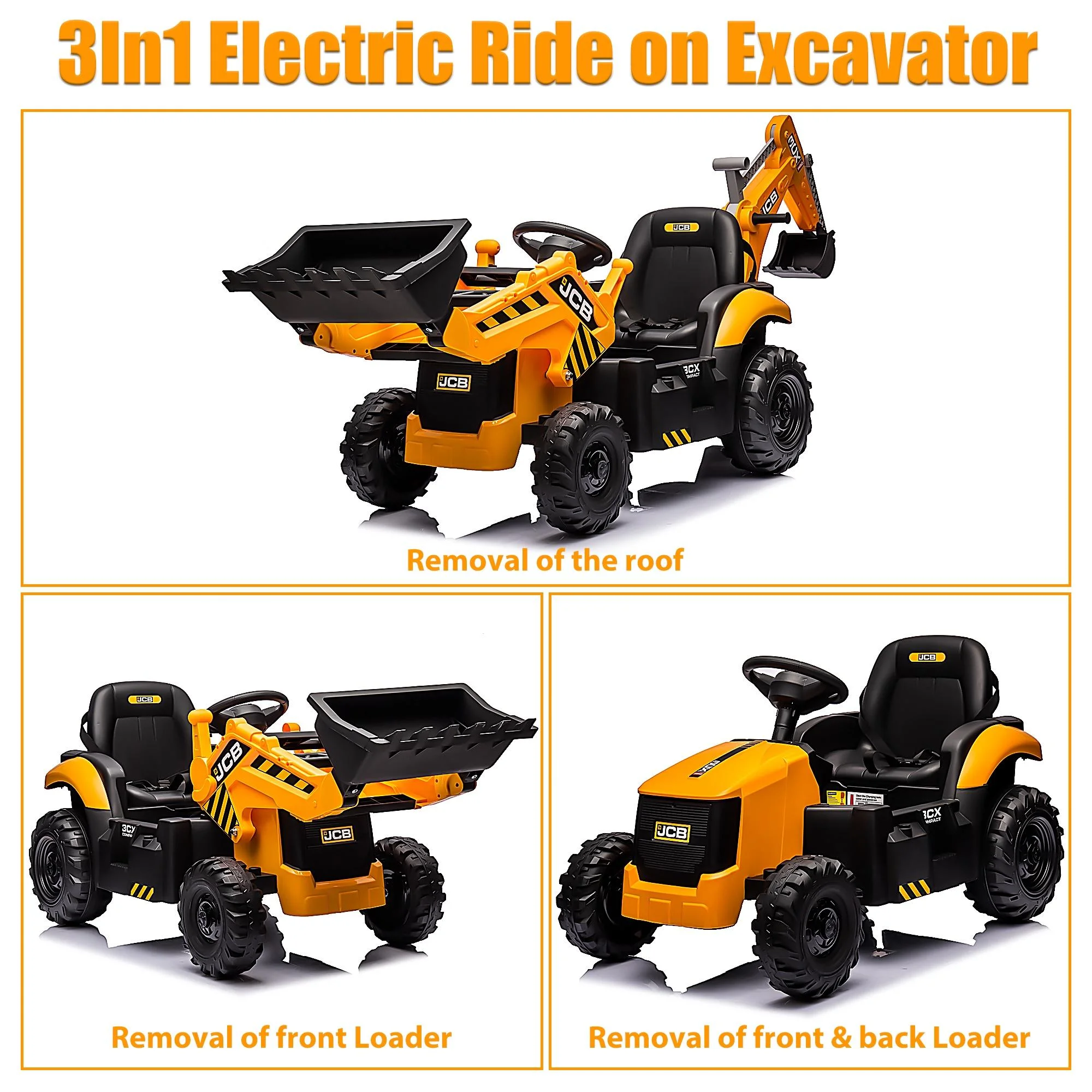 JCB 24V Ride on Excavator with Front&Back Loader 3in1 Kids Ride on Car with Remote Control Electric Construction for 3-6 Years Old Boys and Girls, Backhoe Ride on, Yellow - Womvr