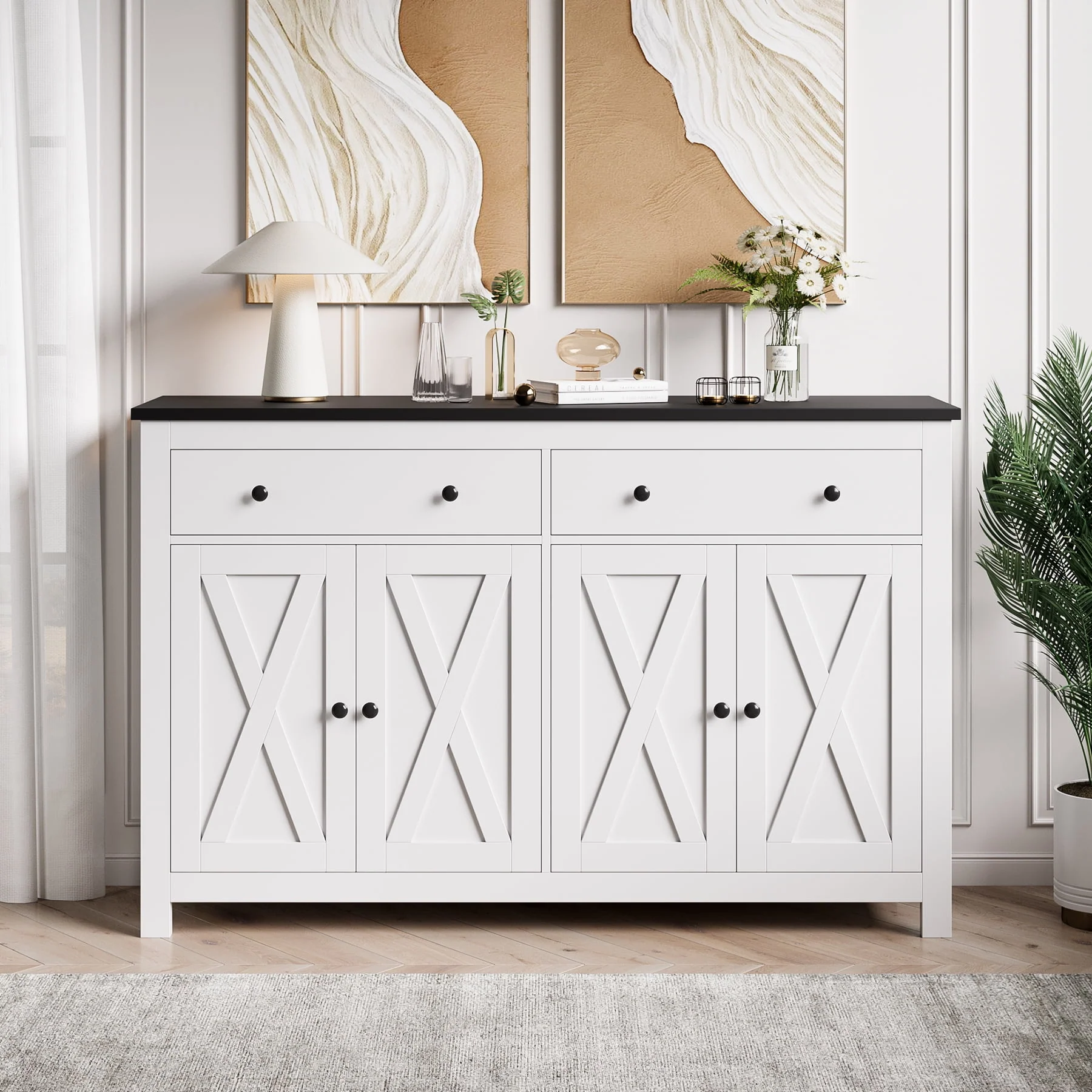 Homfa 4-Doors 2-Drawers Farmhouse Storage Cabinet, Wood Sideboard with Adjustable Shelves for Kitchen Dining Room, White - Womvr
