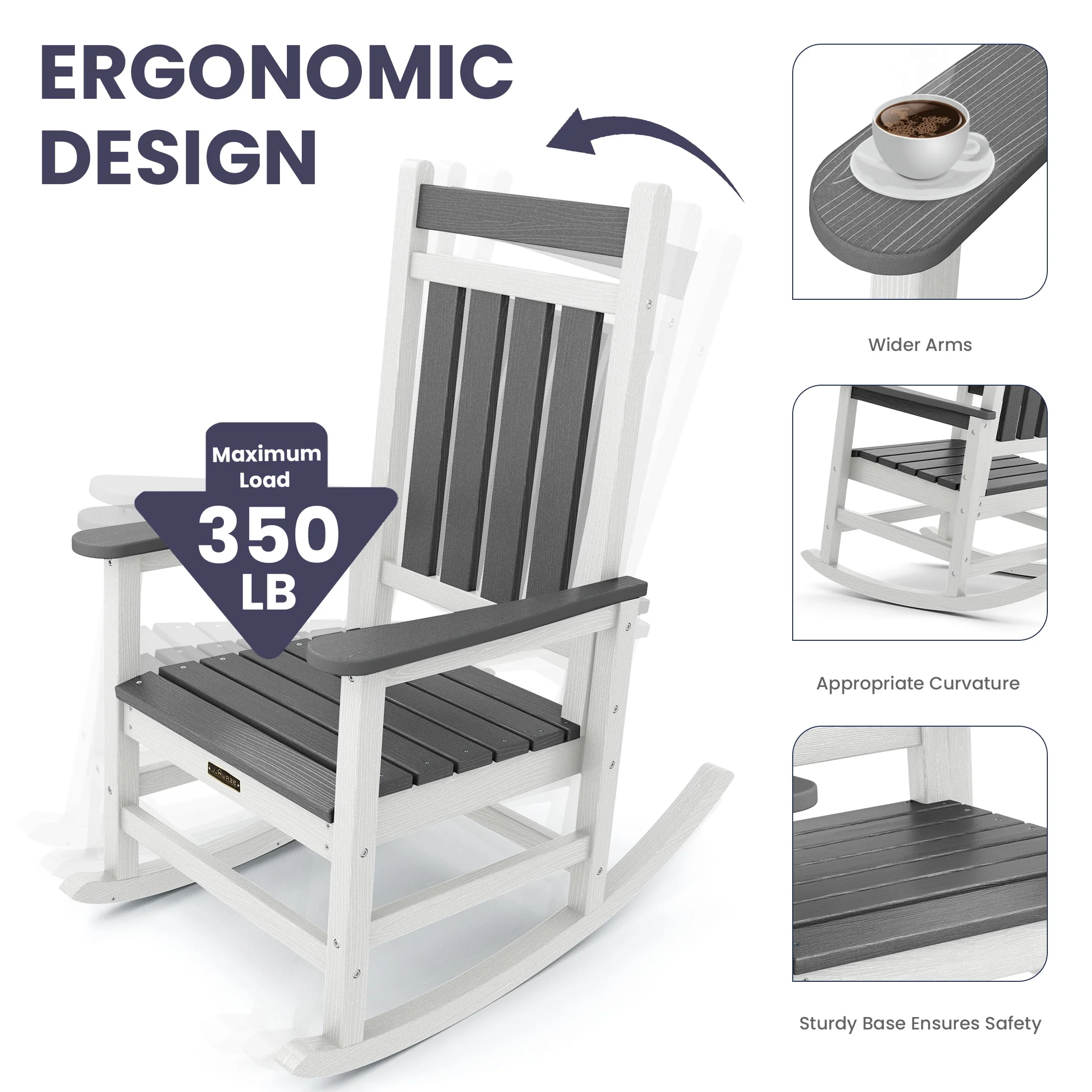 SERWALL Outdoor Oversized Slat Rocking Chair, HDPE Plastic Porch Rocker, Gray - Womvr