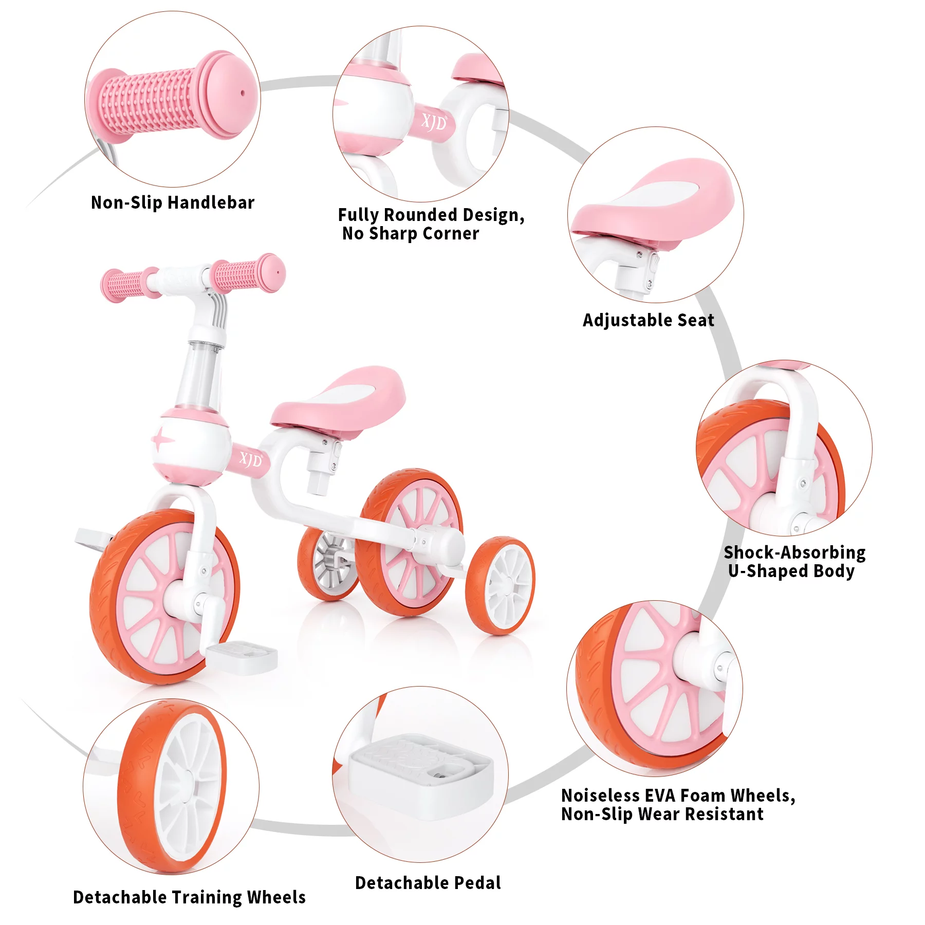 XJD 5 in 1 Toddler Tricycle for 1-5 Years Old Boys Girls Toddler Bike Kids Trikes for Balance Training Baby Bike Infant Trike - Womvr