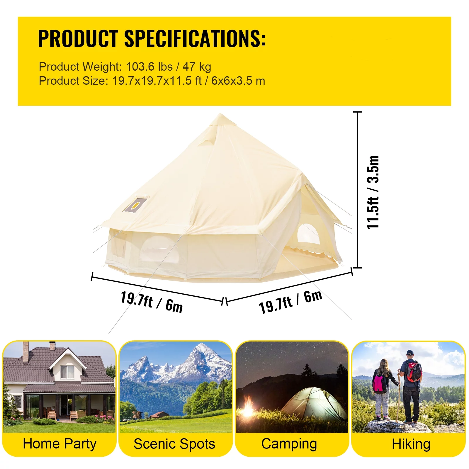 BENTISM Canvas Bell Tent 9.84ft Cotton Canvas Tent with Wall Stove Jacket Glamping Tent Waterproof Bell Tent for Family Camping Outdoor Hunting in 4 Seasons - Womvr