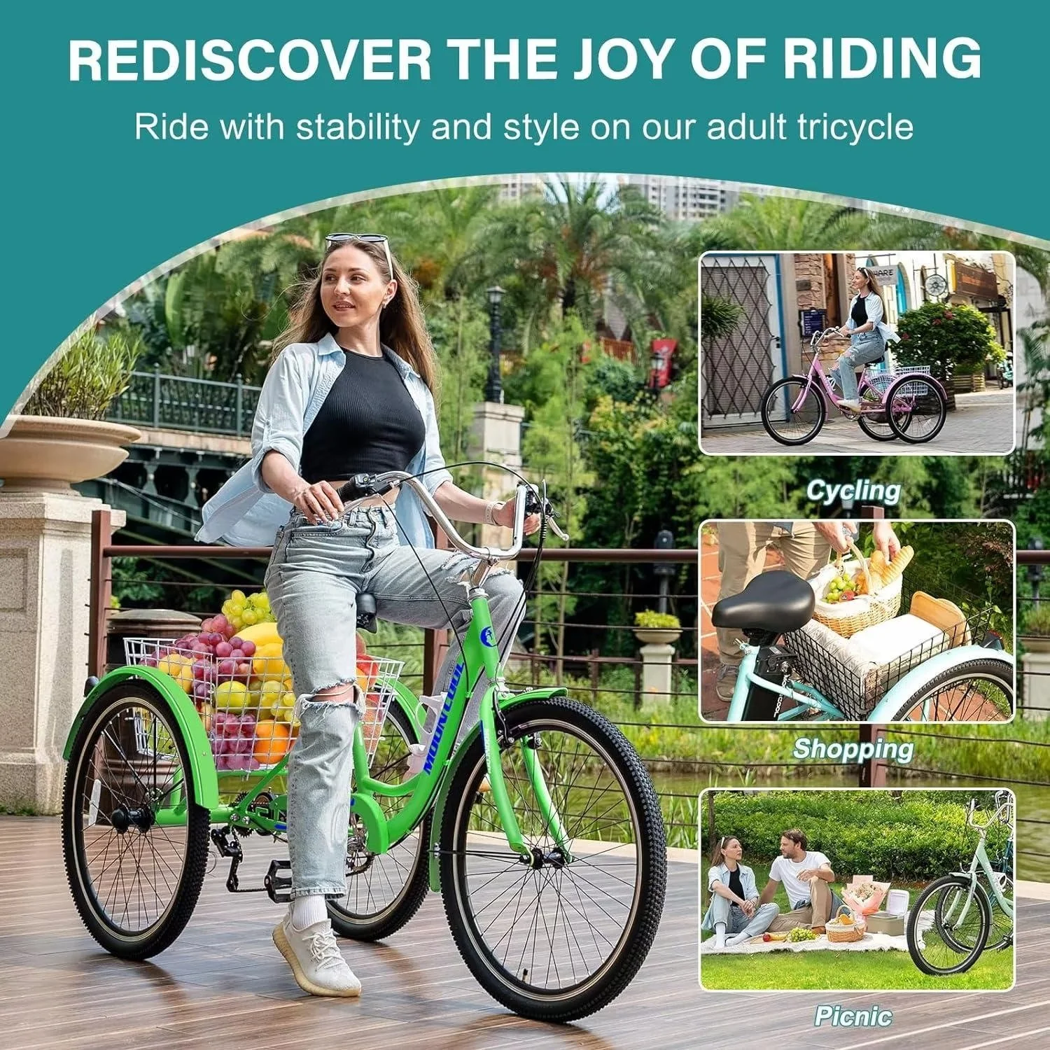 MOPHOTO 7 Speed Adult Tricycle 26 in/24in/20in, Trikes for Adults, Adult Tricycle with Basket & Dual Braking System, Adult Trikes for Women, Men, 3 Wheeled Bicycle for Shopping, Picnics Exercise - Womvr