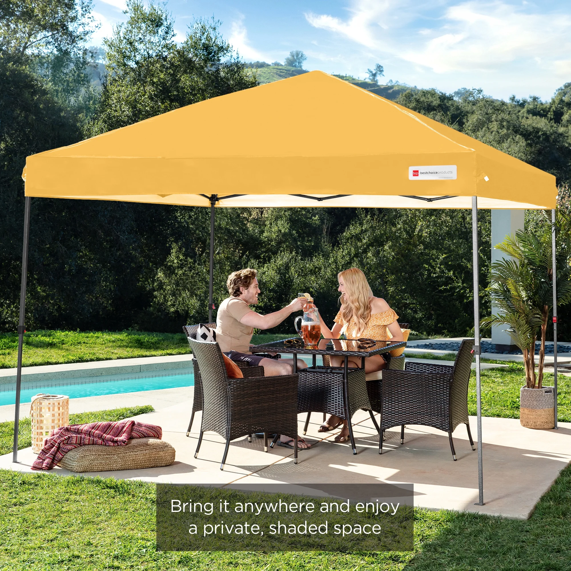 Best Choice Products 10x10ft Easy Setup Pop Up Canopy w/ 1-Button Setup, Wheeled Case, 4 Weight Bags - Cerulean - Womvr