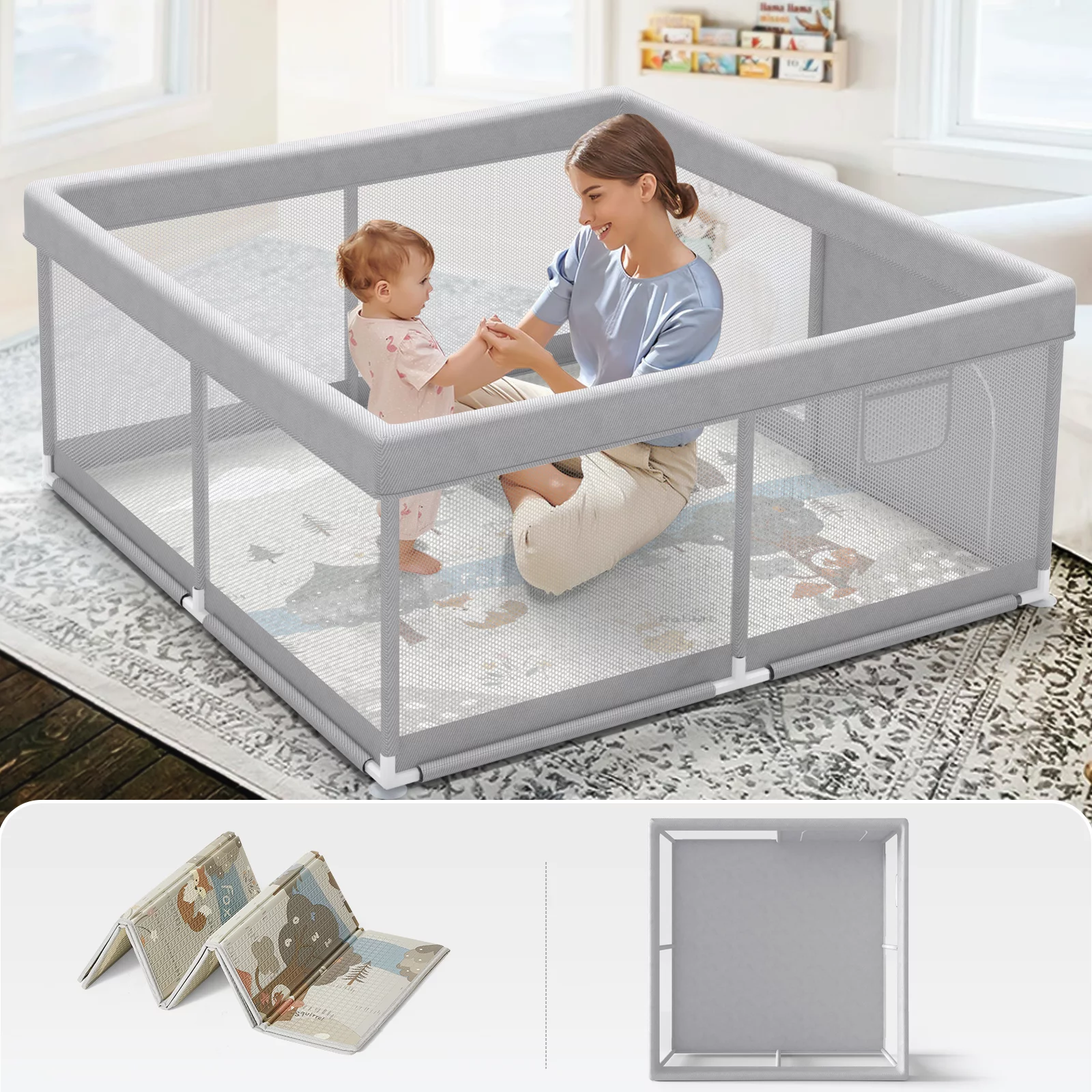 Pkinoicy 47x47inch Play Pen with Mat for Babies and Toddlers, Playpen with Mat, Baby Playpen with Mat, mall Baby Playpen with Mat - Womvr