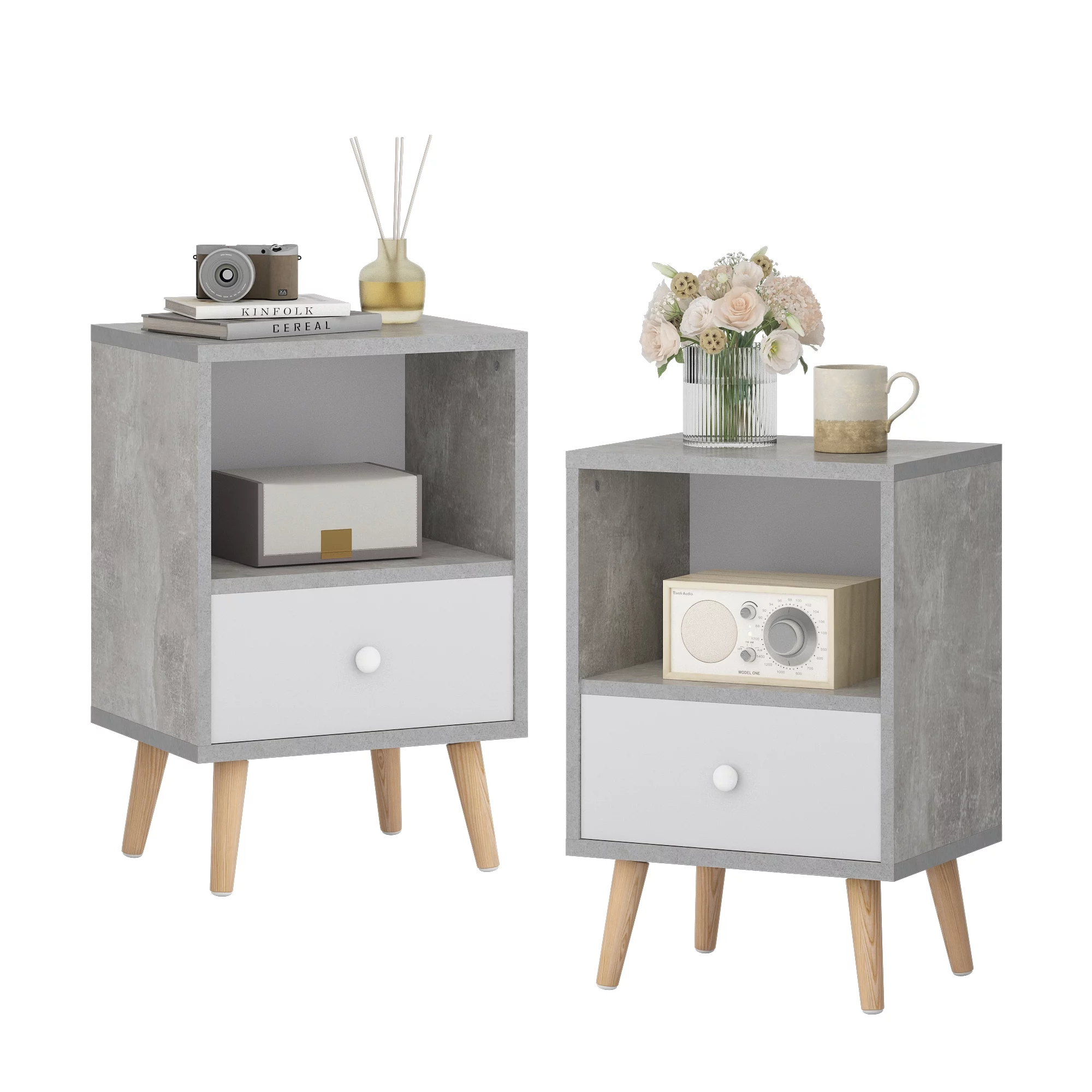 JAXPETY Nightstands Set of 2, Night Stand with 1 Drawer and Open Shelf Storage, End Table, Side Table, for Bedroom, Living Room, Natural Wood & White - Womvr