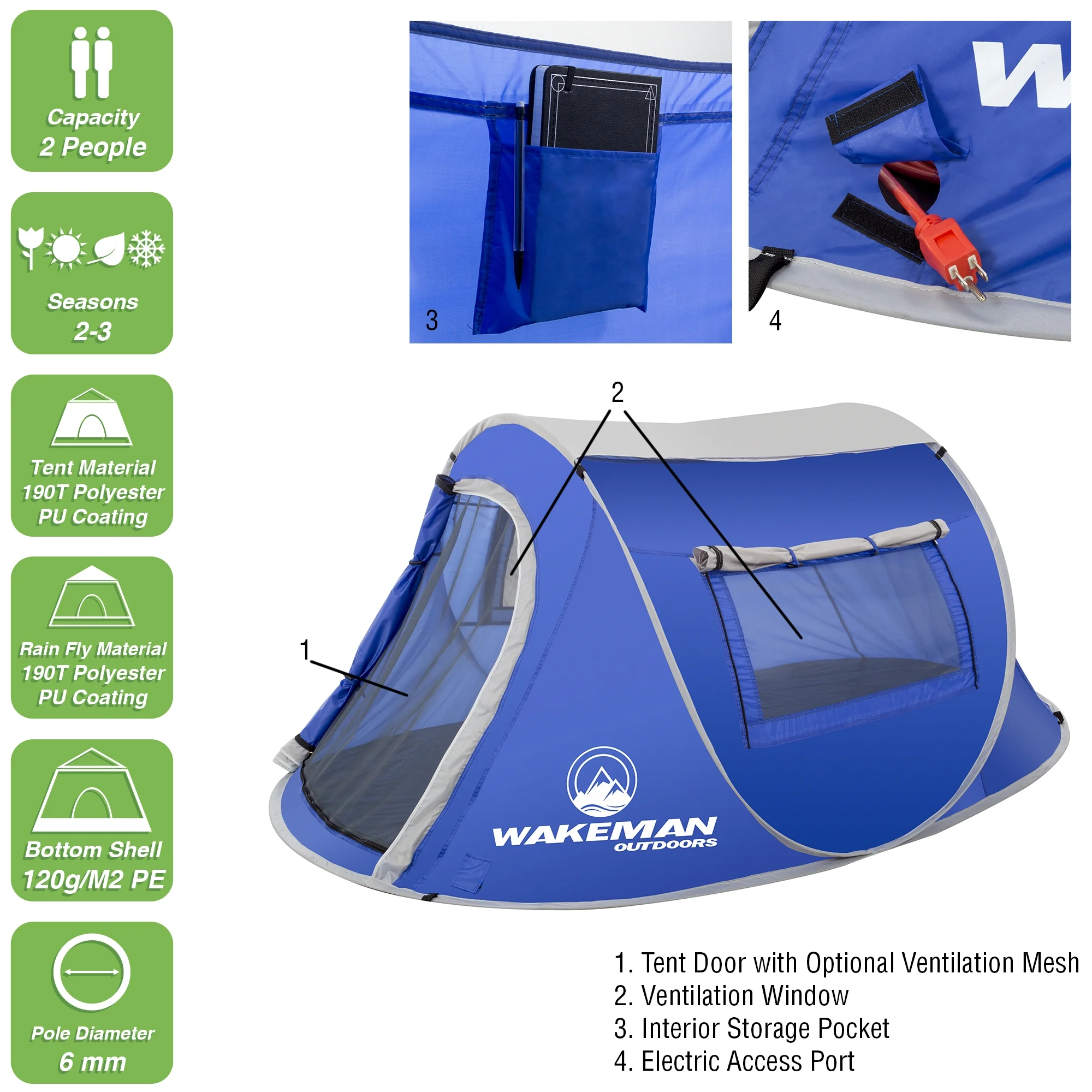 Wakeman Outdoors Water-Resistant 2-Person Pop-up Tent (Blue) - Womvr