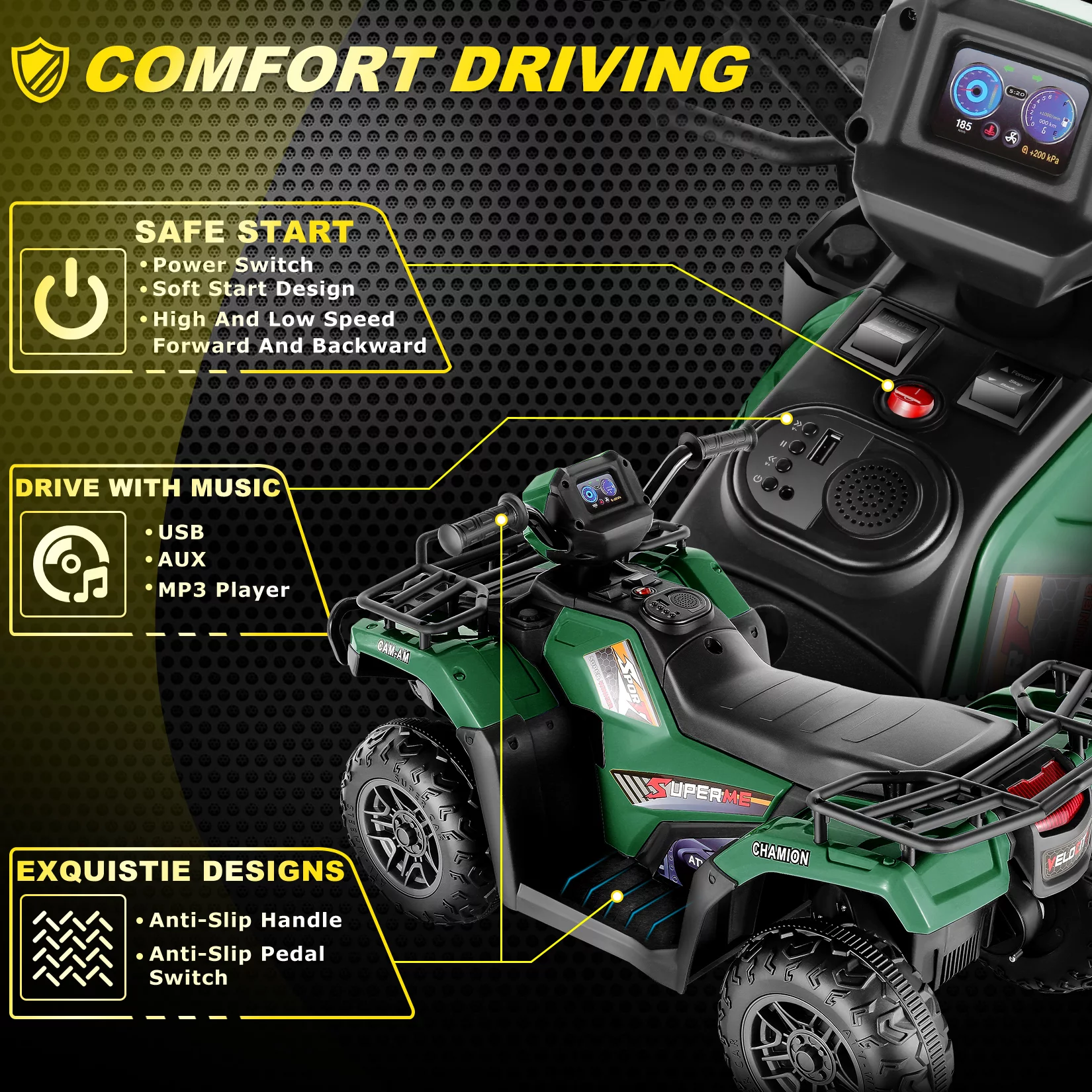 Funcid 12V Kids Ride on ATV 4-Wheeler Quad Battery Powered Electric Car with High/Low Speed, 2X30W Motor, Treaded Tires, Soft Braking, LED Light, Music, Rose Red - Womvr