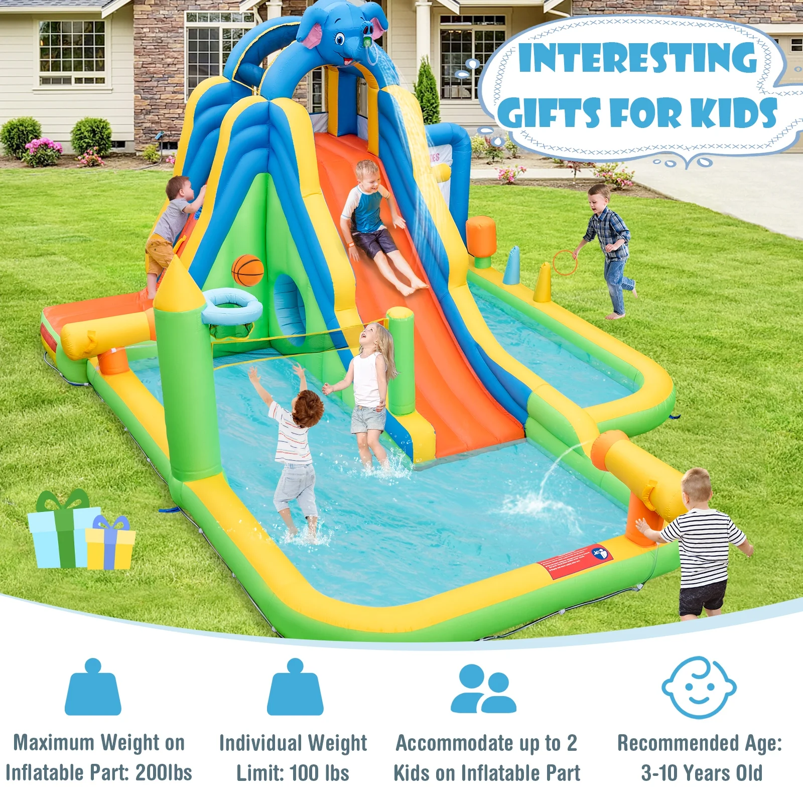 Topbuy Inflatable Water Slide 9-in-1 Blow-up Water Park for Kids with Splash Pool Climbing Wall Water Guns Basketball Toss - Womvr