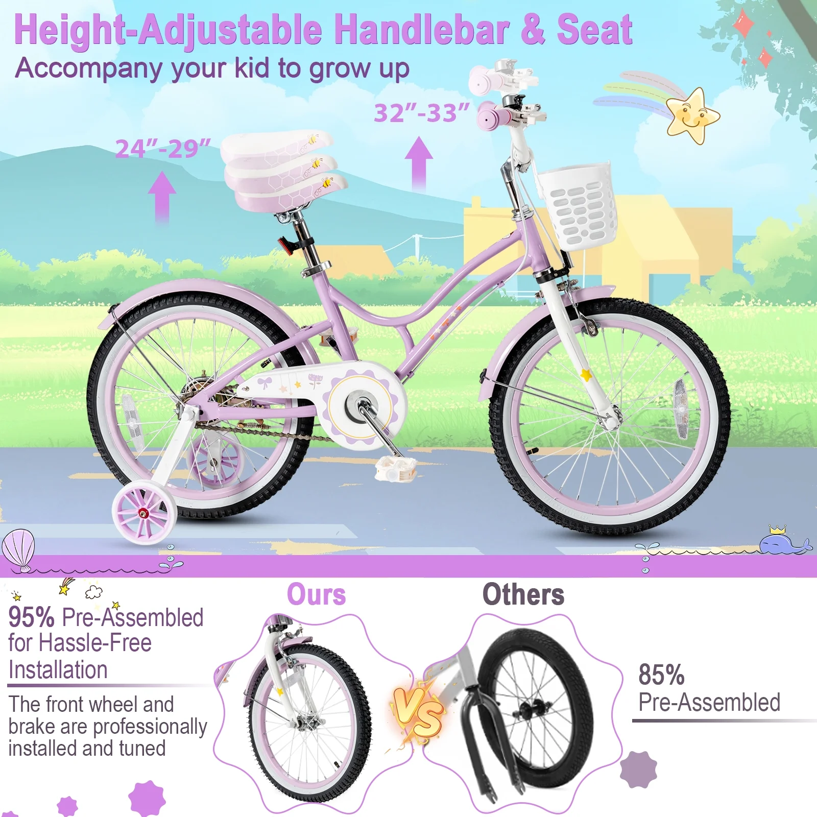 Babyjoy 18 Inch Kid Bike 95% Pre-Assembled Girls Bicycle with Training Wheels & Basket Age 6-9 Years Old Purple - Womvr
