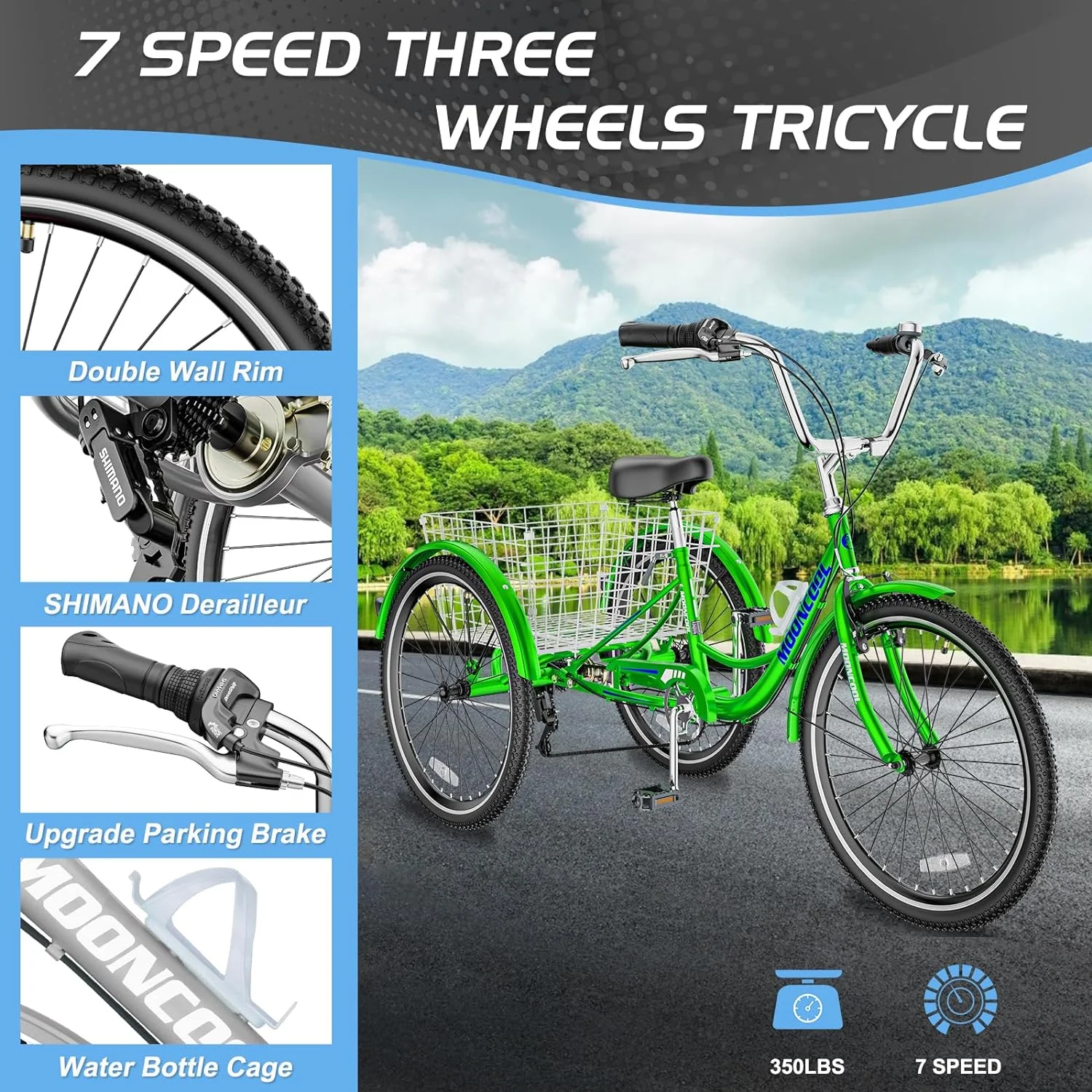 Lilypelle Adult Tricycles 7 Speed 20/24/26 Inch Three Wheel Bike Cruiser Trike with Low-Step Through Frame/Large Basket for Men, Women, Seniors - Womvr