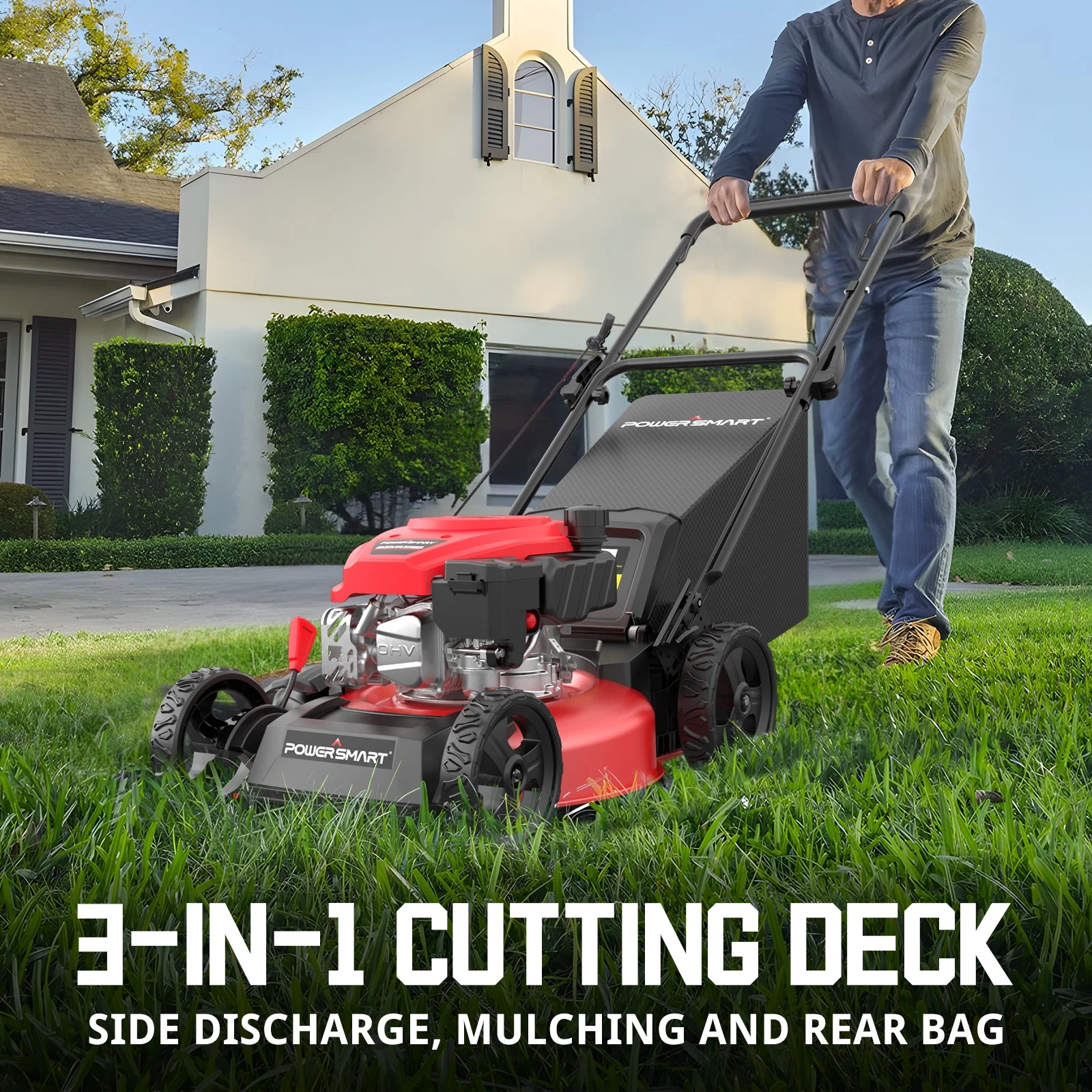 PowerSmart Push Gas Lawn Mower 17-Inch 127cc Engine, 3-in-1 with Bagger, 6-Position Height Adjustment - Womvr