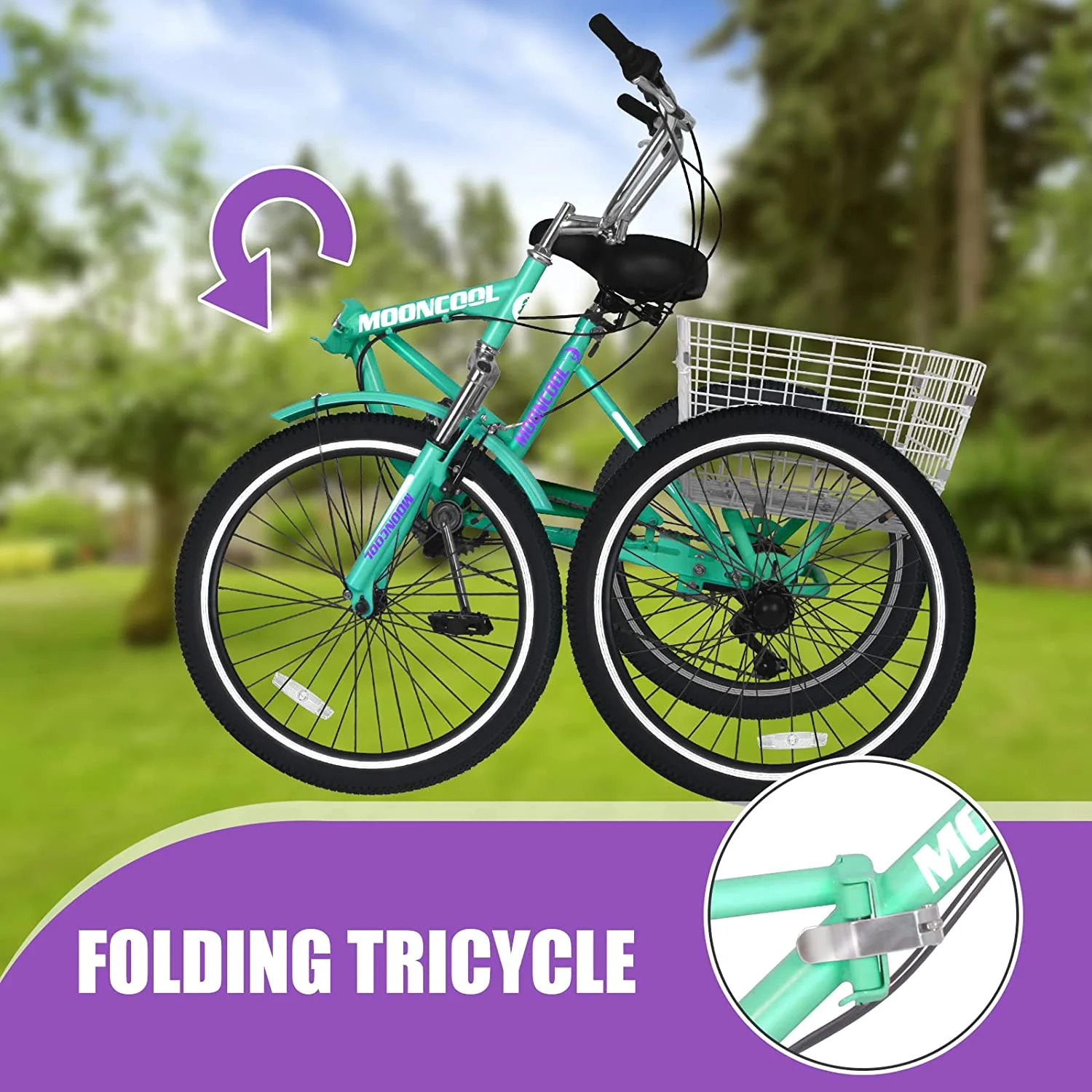 MOONCOOL Adult Folding Tricycle, 7 Speed 20/24/26 inch Adult Tricycles, Three Wheel Bike Cruiser Trike with Large Basket - Womvr