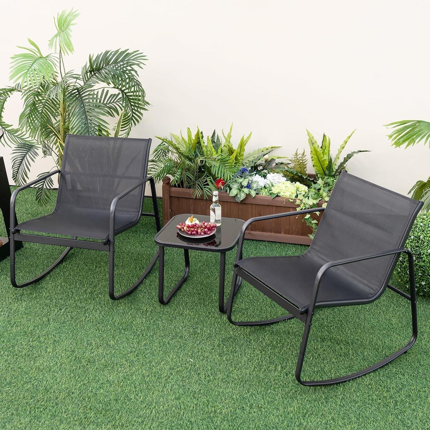 Lofka 3-Piece Patio Wicker Chairs Set with Glass Coffee Table, Outdoor Balcony Furniture Set with Blue Cushion - Womvr