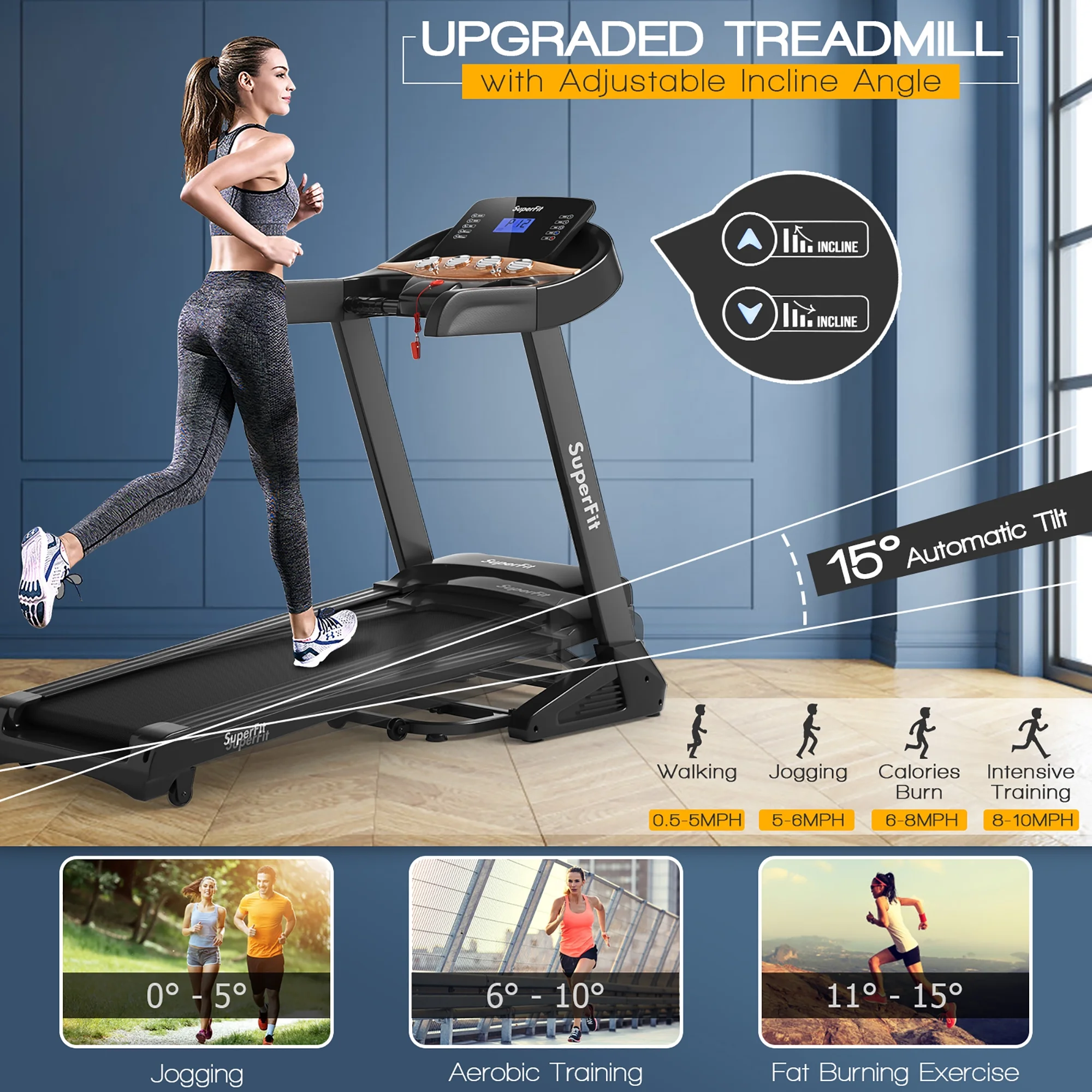 Superfit 3.75HP Electric Folding Treadmill W/Auto Incline 12 Program APP Control - Womvr