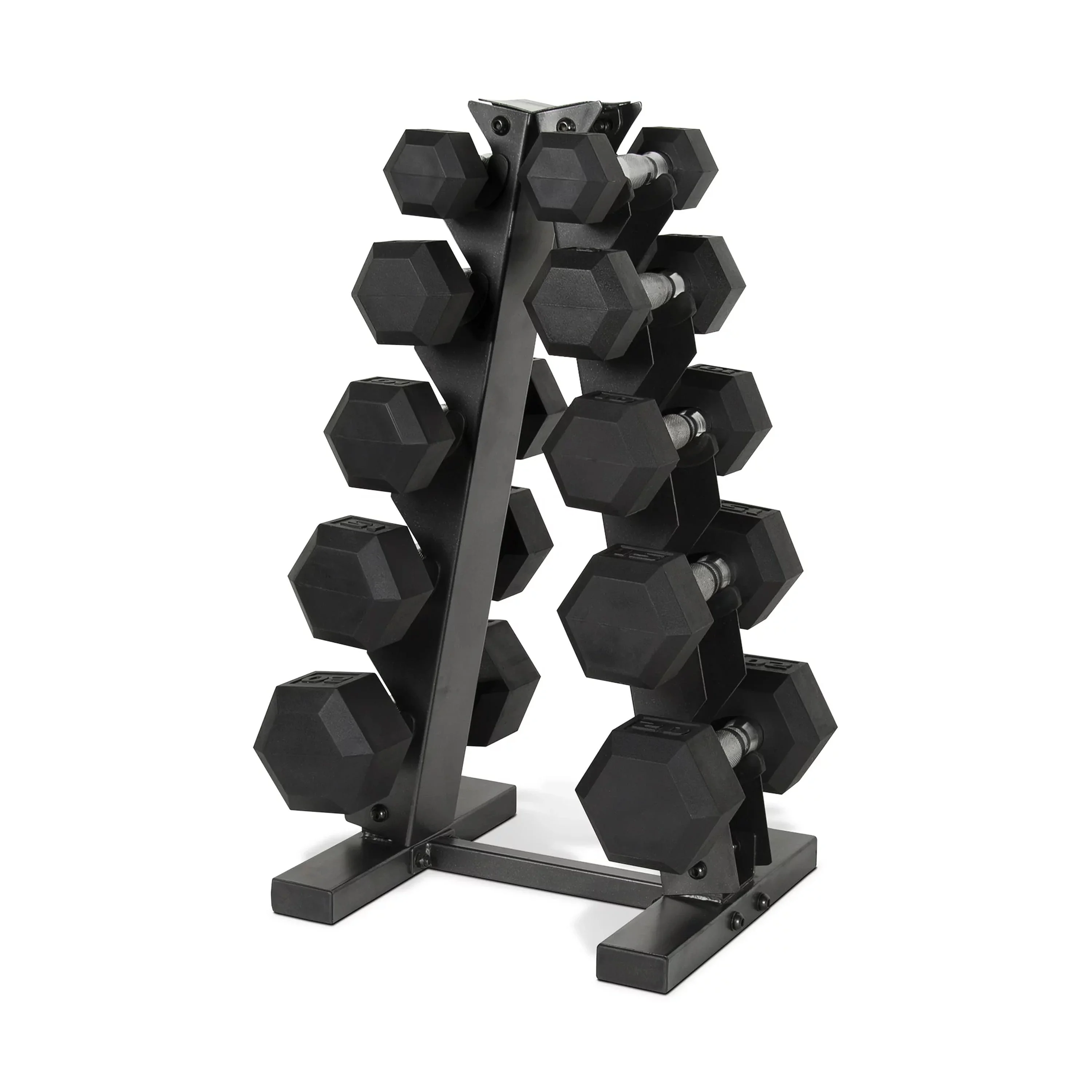 CAP 150 lb Coated Rubber Hex Dumbbell Weight Set with A-Frame Rack, Black - Womvr