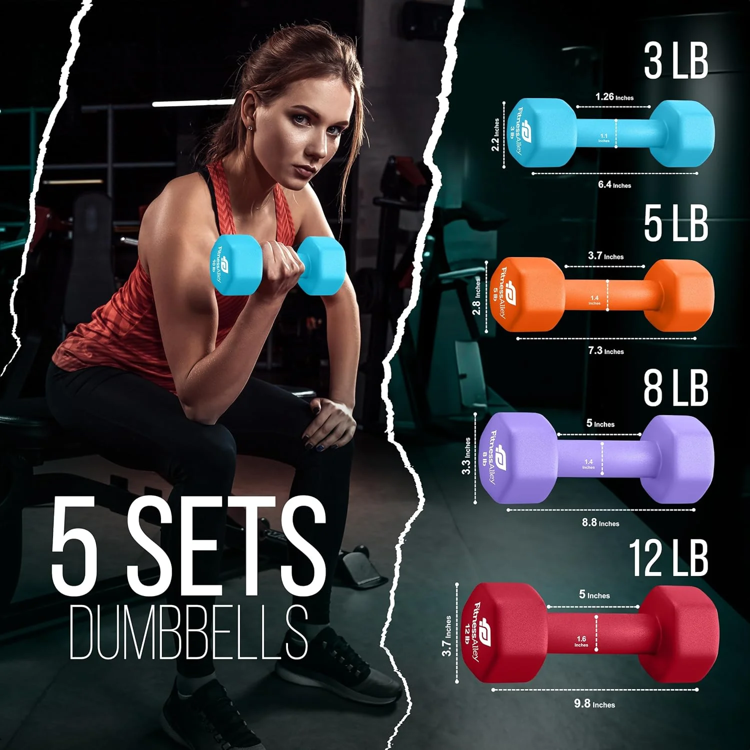 Fitness Alley Neoprene Workout Dumbbells - Non Slip, Anti Roll Exercise & Fitness Dumbbells Combo - Hex Shaped Hand weights for Men & Women(2, 4, 6, 8, & 10lb Dumbbells) - Womvr