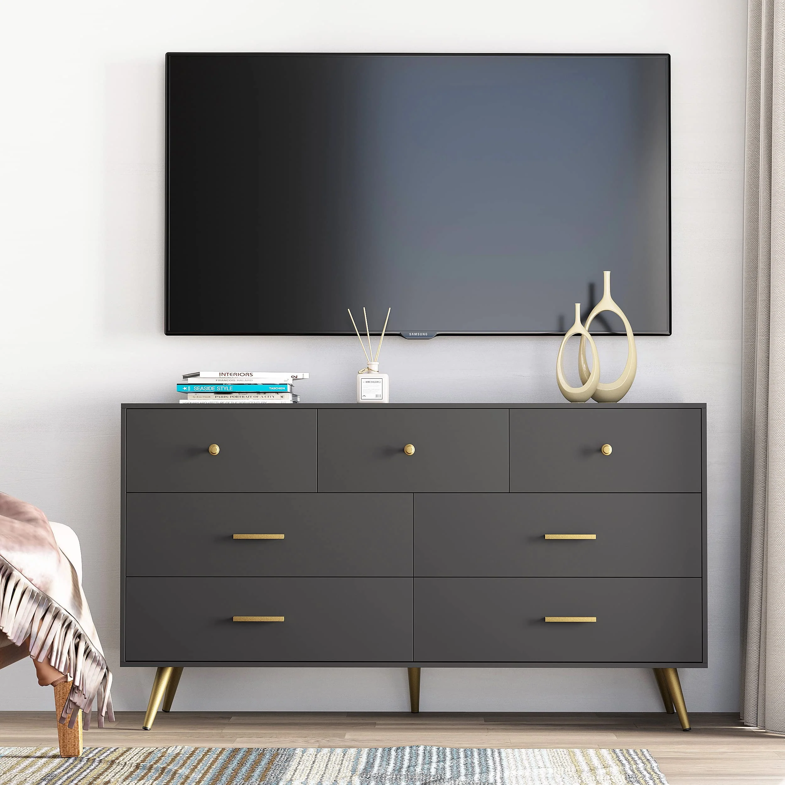 6 Drawer Dresser, Mid-Century Modern Chest Of Drawers, Double Dresser Storage Cabinet For Bedroom Living Room Hallway(White-6 Drawers) - Womvr